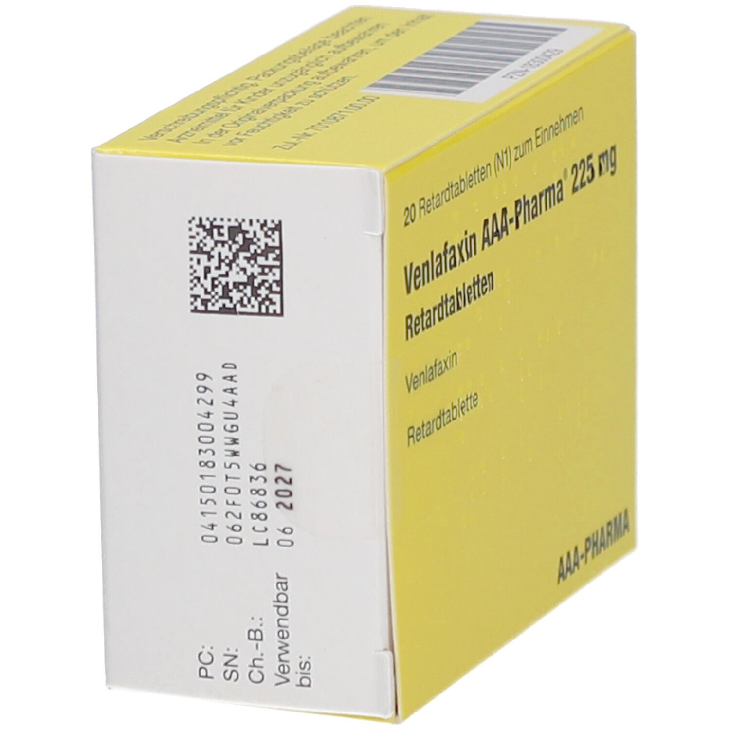 Gelbe Schachtel, Seitenansicht. Aufschrift "Venlafaxin AAA-Pharma 225 mg Retardtabletten". QR-Code und Verfallsdatum 06 2027.