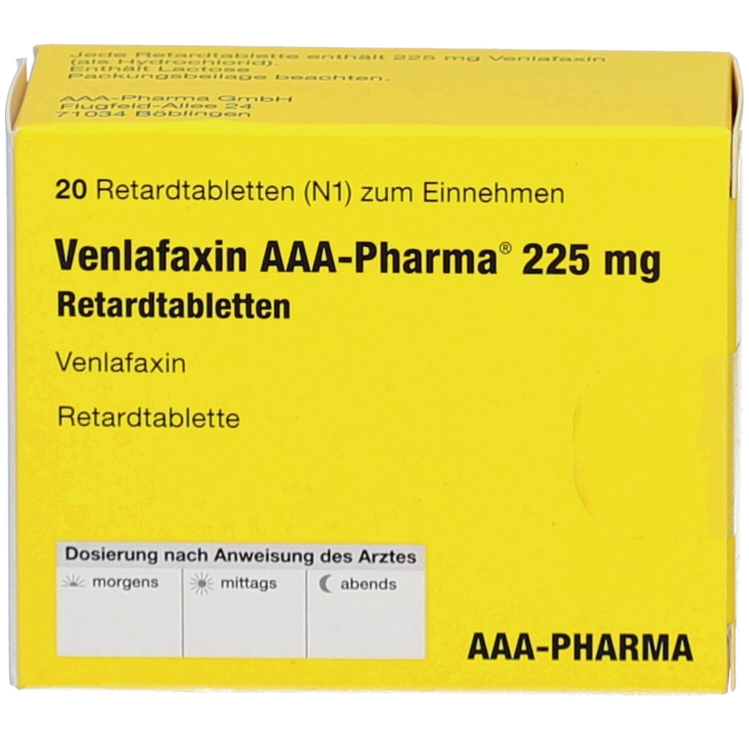 Gelbe Schachtel mit "Venlafaxin AAA-Pharma 225 mg Retardtabletten". 20 Tabletten. Dosierungsanleitung unten.