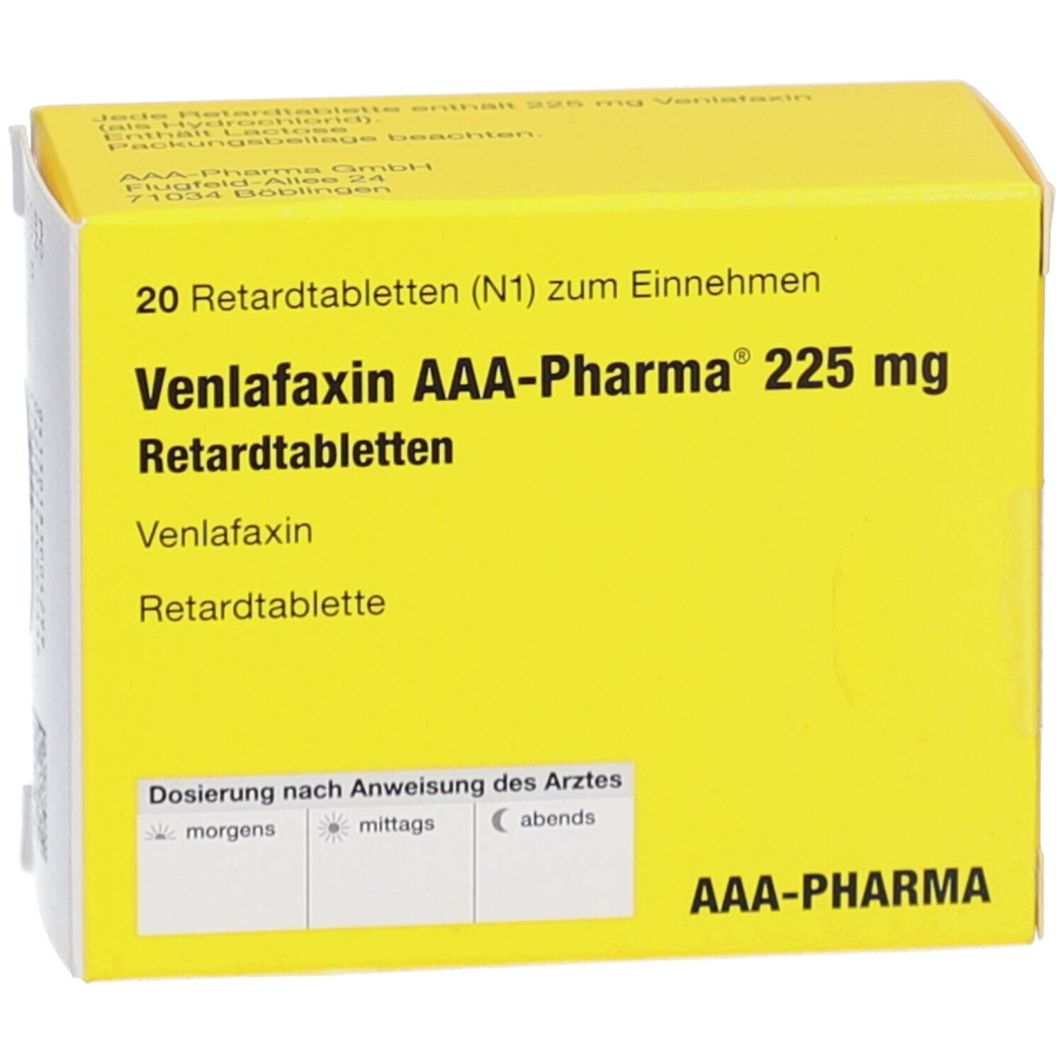 Gelbe Schachtel mit "Venlafaxin AAA-Pharma 225 mg Retardtabletten". 20 Tabletten. Dosierungsanleitung unten.