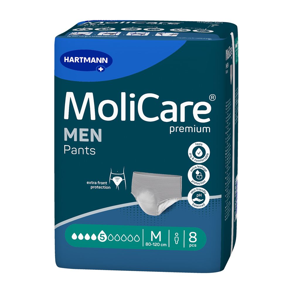 Verpackung Hartmann MoliCare Premium Men Pants, Größe M, 8 Stück. Saugfähigkeit 5 von 5 Tropfen.