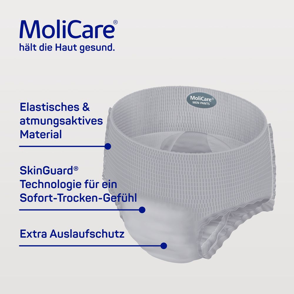 MoliCare Men Pants: Elastisches, atmungsaktives Material, SkinGuard Technologie, extra Auslaufschutz.