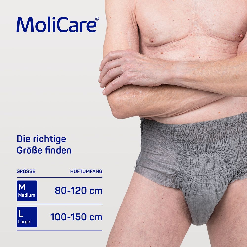 Größentabelle MoliCare Men Pants: M (80-120 cm), L (100-150 cm).