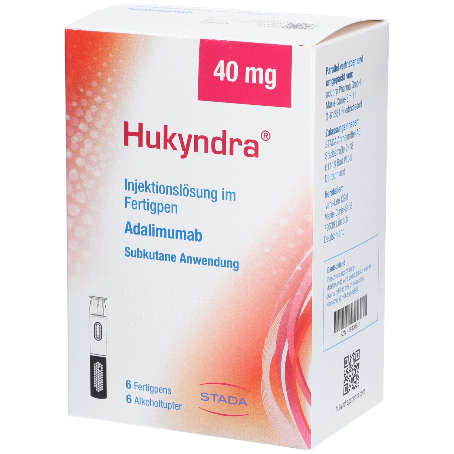 Verpackung von Hukyndra. Enthält 6 Fertigpens und Alkoholtupfer. Aufschrift: 40 mg, Injektionslösung im Fertigpen, Adalimumab.