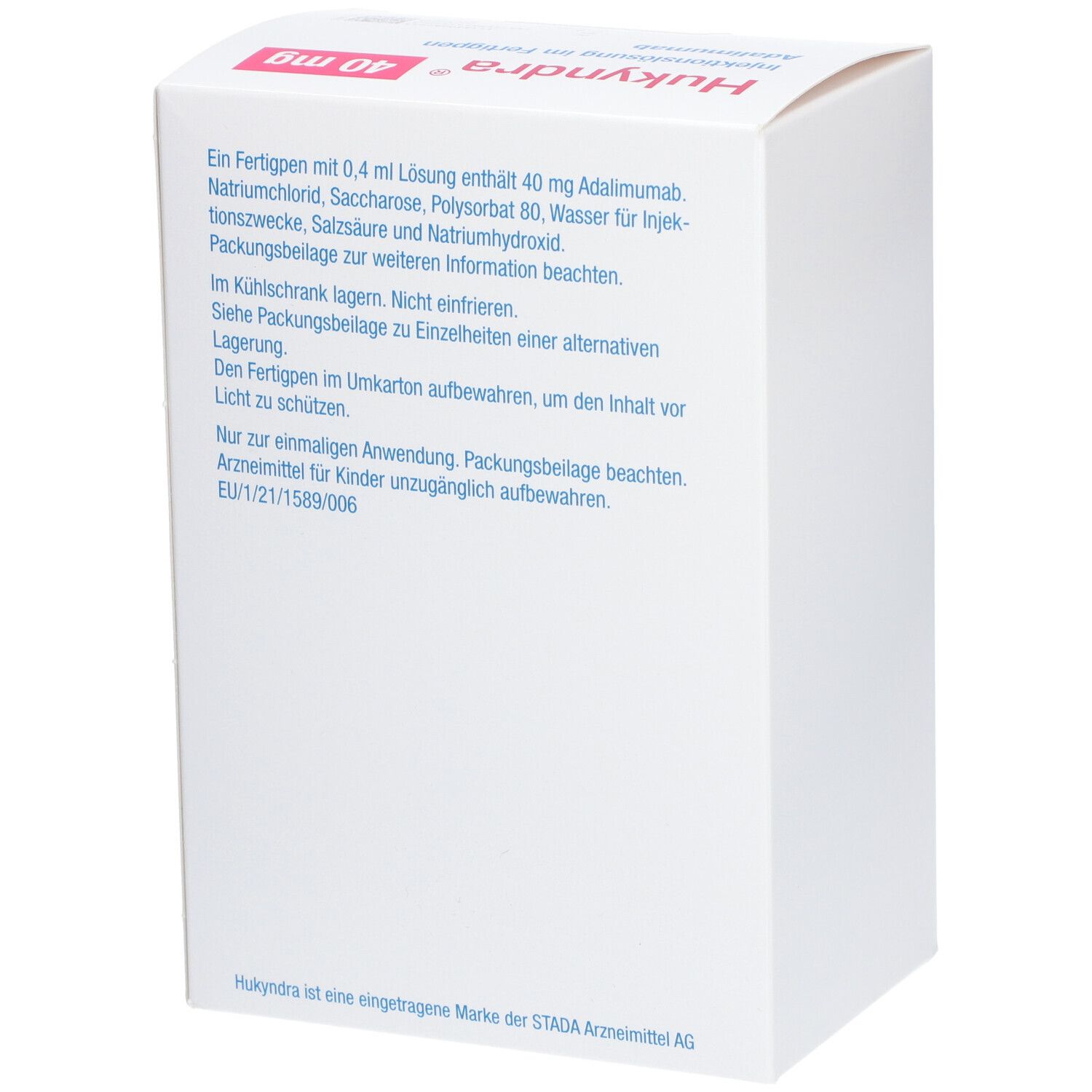 Rückseite der Hukyndra-Verpackung. Textinformationen: Inhaltsstoffe, Lagerungshinweise, Herstellerinformationen und EU-Referenznummer.