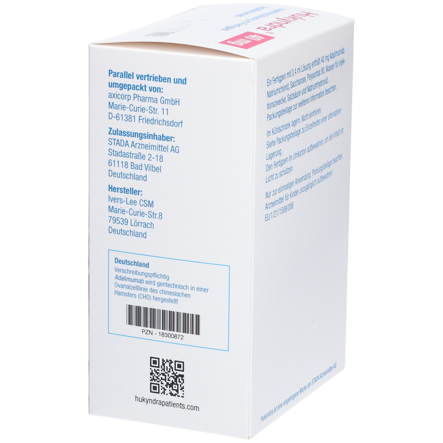 Seite der Hukyndra-Verpackung. Informationen: Vertrieb, Zulassungsinhaber, Hersteller, Chargennummer und QR-Code.