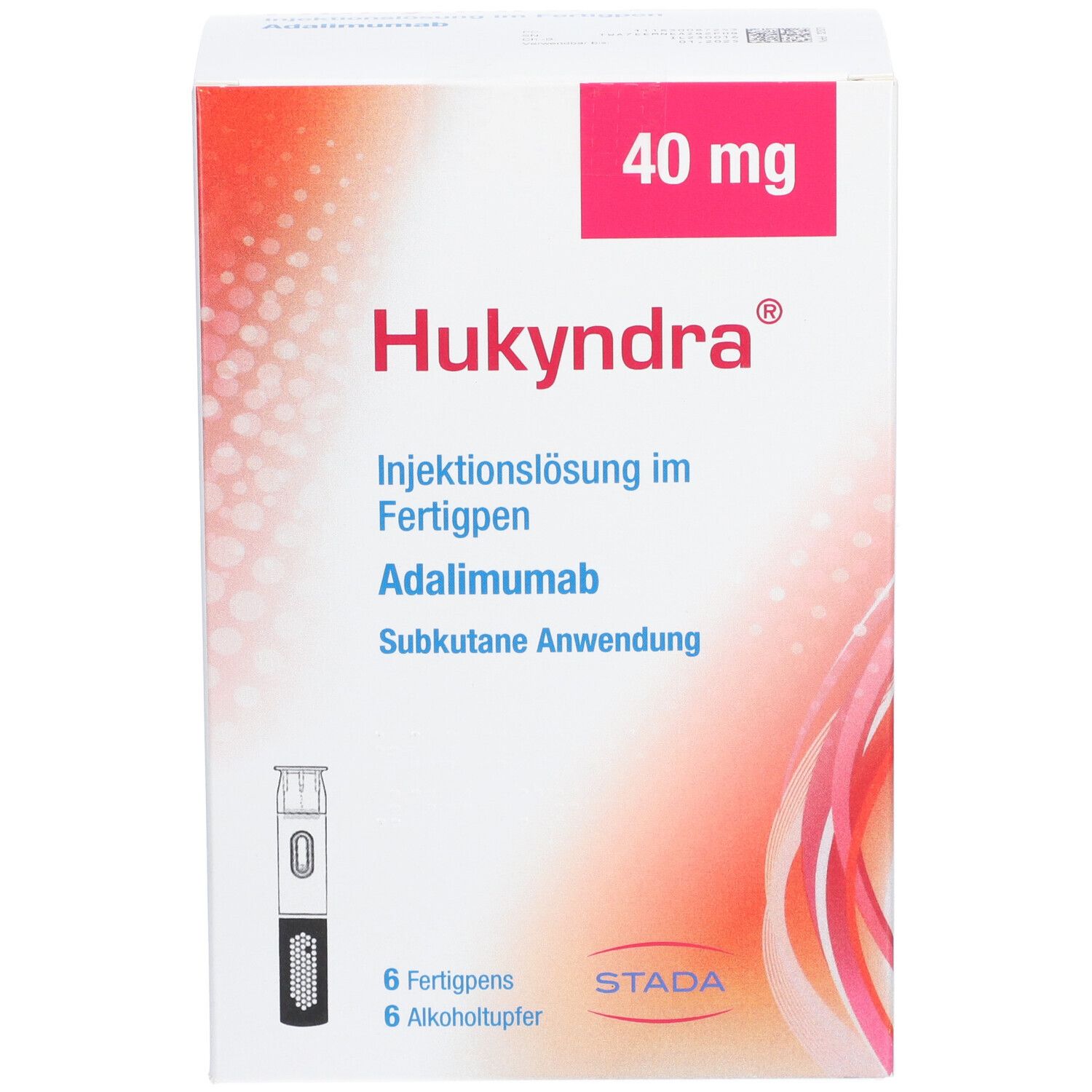 Hukyndra-Verpackung. Aufschrift: 40 mg, Injektionslösung im Fertigpen, Adalimumab. Enthält 6 Fertigpens und Alkoholtupfer. STADA-Logo.
