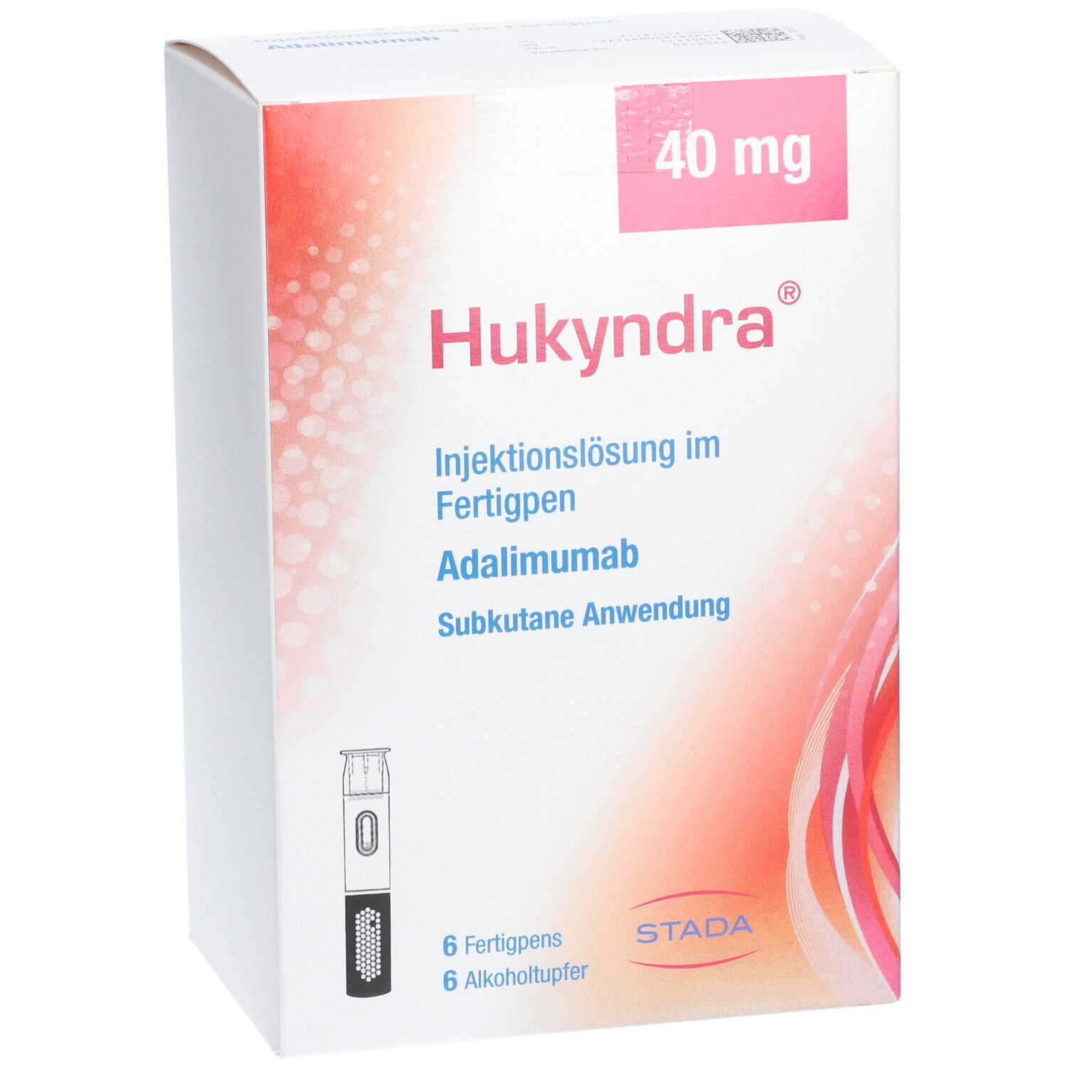 Hukyndra-Verpackung. Aufschrift: 40 mg, Injektionslösung im Fertigpen, Adalimumab. Enthält 6 Fertigpens und Alkoholtupfer. STADA-Logo.