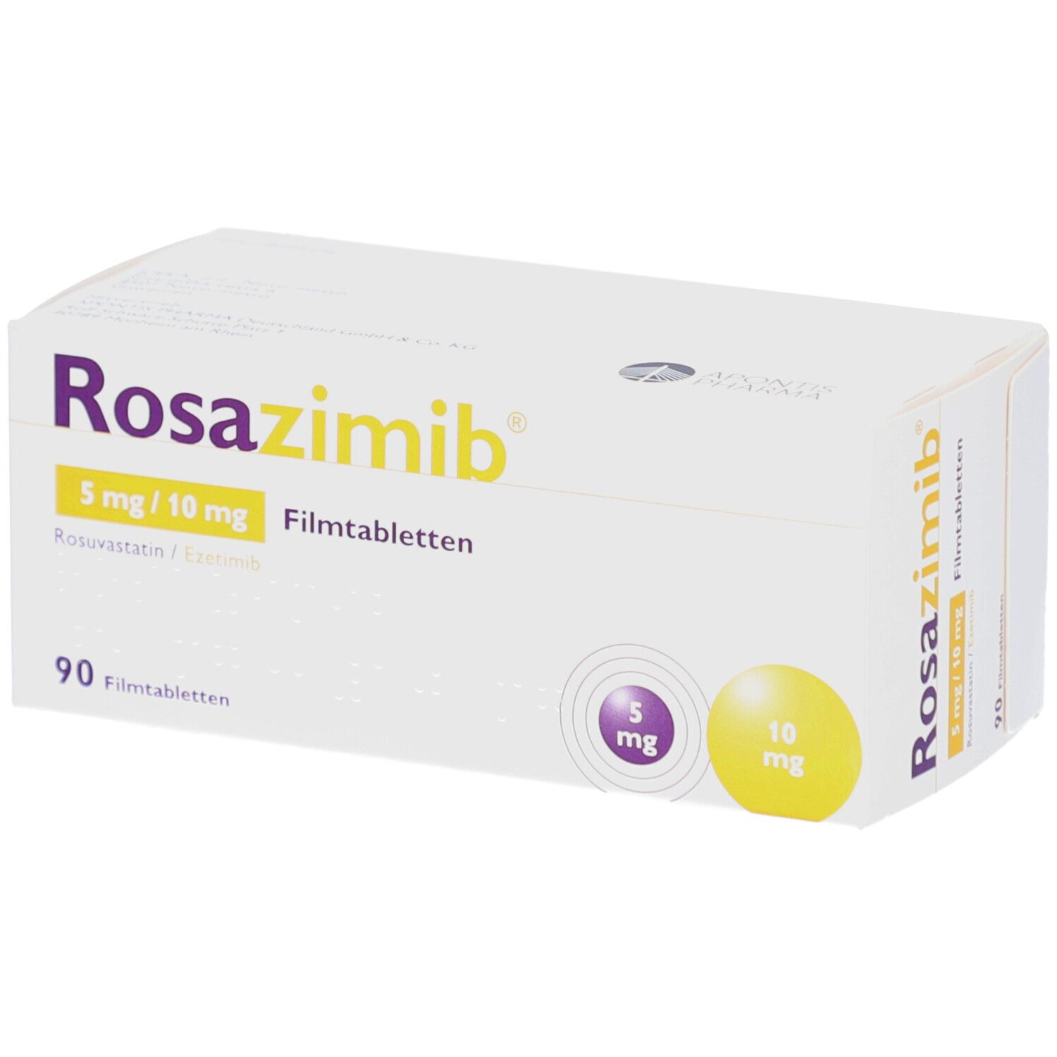 Rosazimb 5 mg/10 mg Filmtabletten-Packung. Weiße Schachtel mit Produktnamen und Dosierungsangaben. 90 Filmtabletten.
