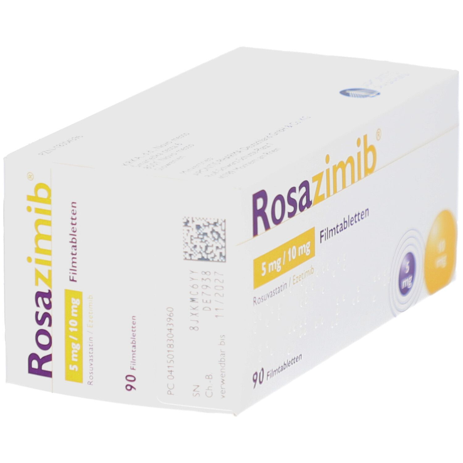Rosazimb-Packung, schräg. Weiße Schachtel mit Produktnamen, Dosierung und Chargeninformationen. 90 Filmtabletten.