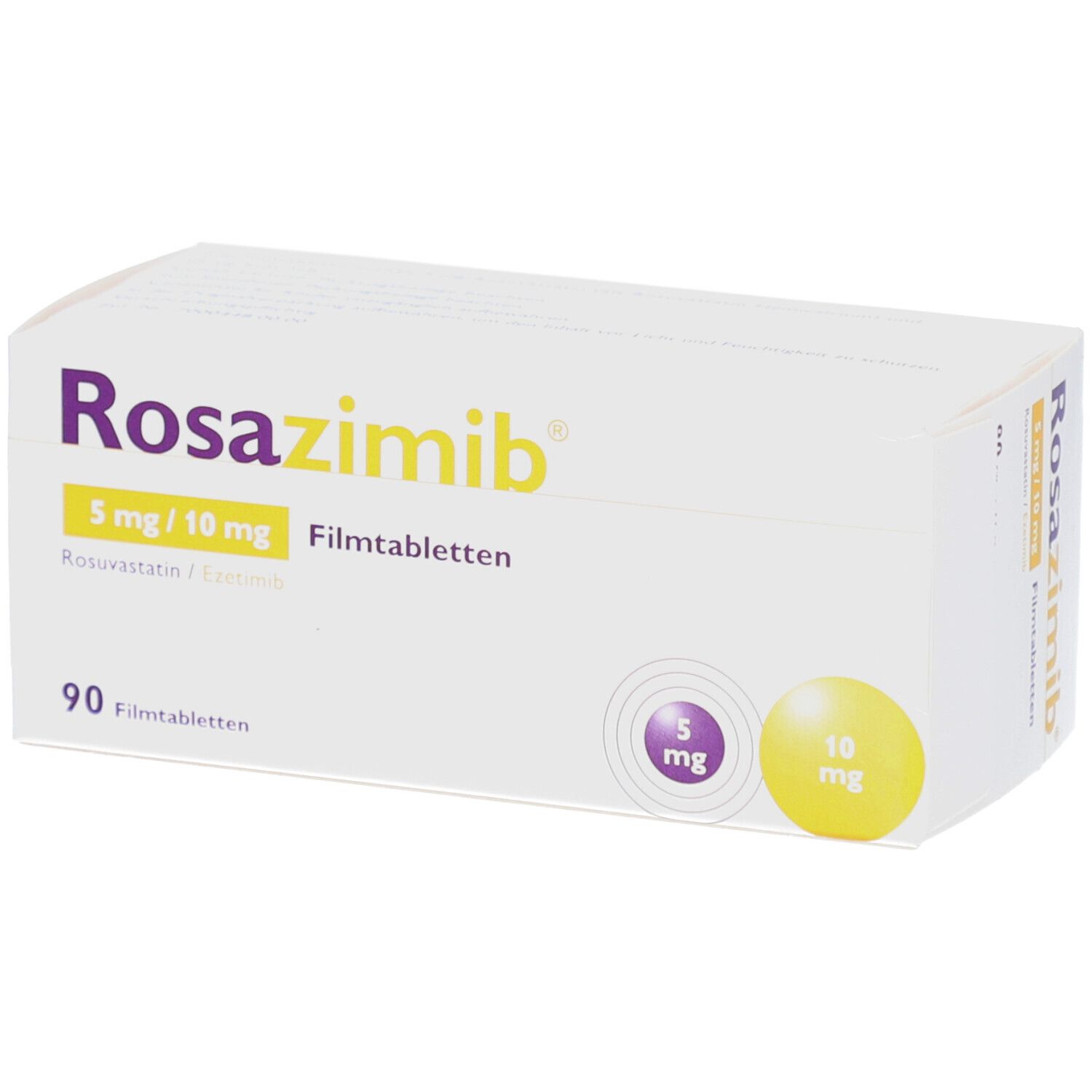 Rosazimb 5 mg/10 mg Filmtabletten-Packung. Weiße Schachtel mit Produktnamen und Dosierungsangaben. 90 Filmtabletten.