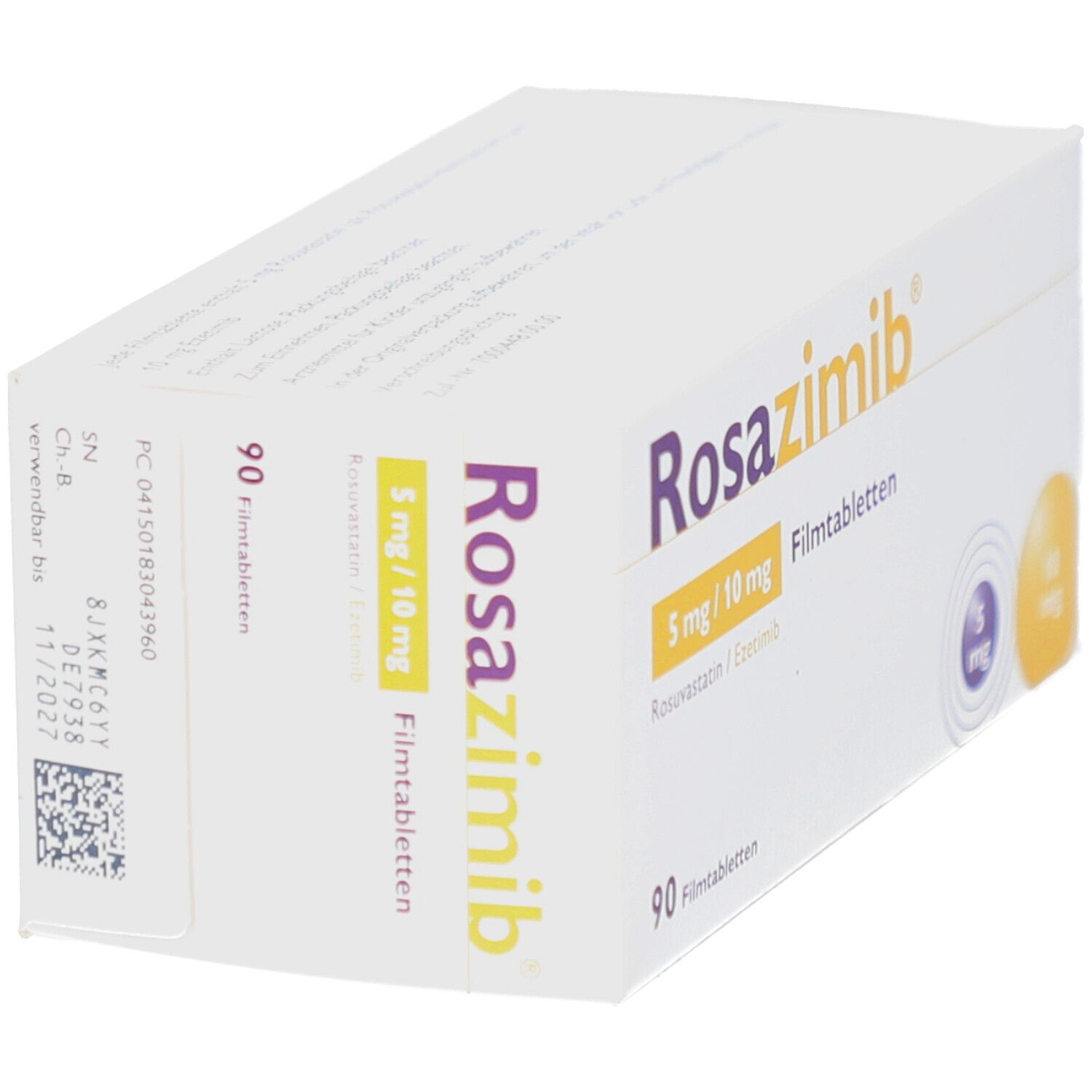 Rosazimb-Packung, schräg. Weiße Schachtel mit Produktnamen, Dosierung und Chargeninformationen. 90 Filmtabletten.