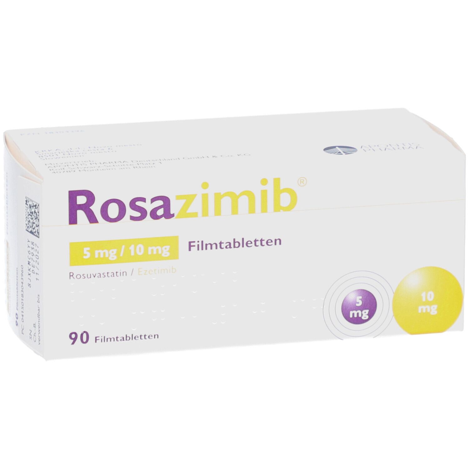 Rosazimb 5 mg/10 mg Filmtabletten-Packung. Weiße Schachtel mit Produktnamen und Dosierungsangaben. 90 Filmtabletten.