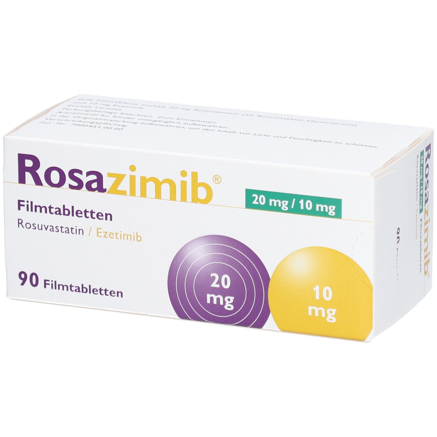 Schachtel ROSAZIMIB Filmtabletten. Aufdruck: 20 mg/10 mg, 90 Filmtabletten. Lila und gelbe Kreise mit Dosierungsangaben.