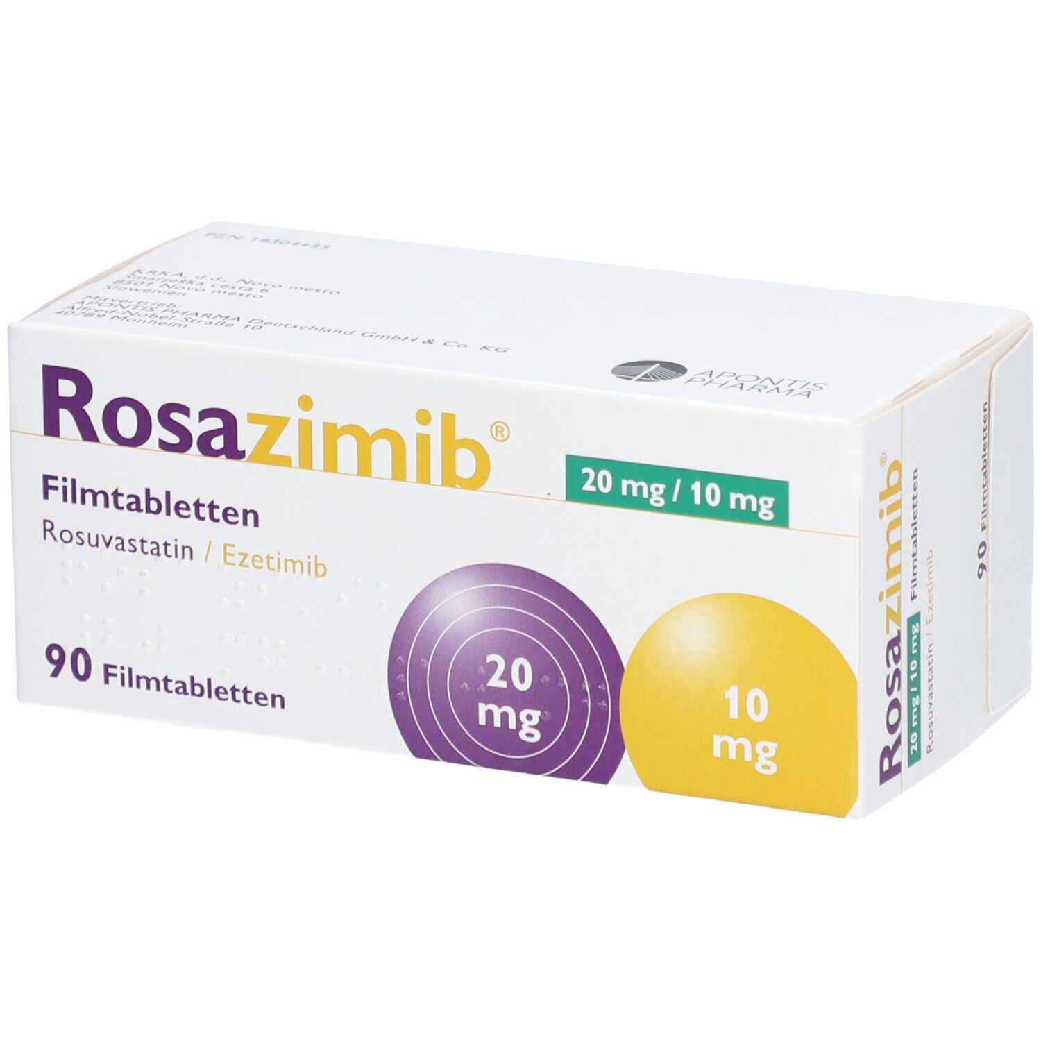 Schachtel ROSAZIMIB Filmtabletten. Aufdruck: 20 mg/10 mg, 90 Filmtabletten. Lila und gelbe Kreise mit Dosierungsangaben.