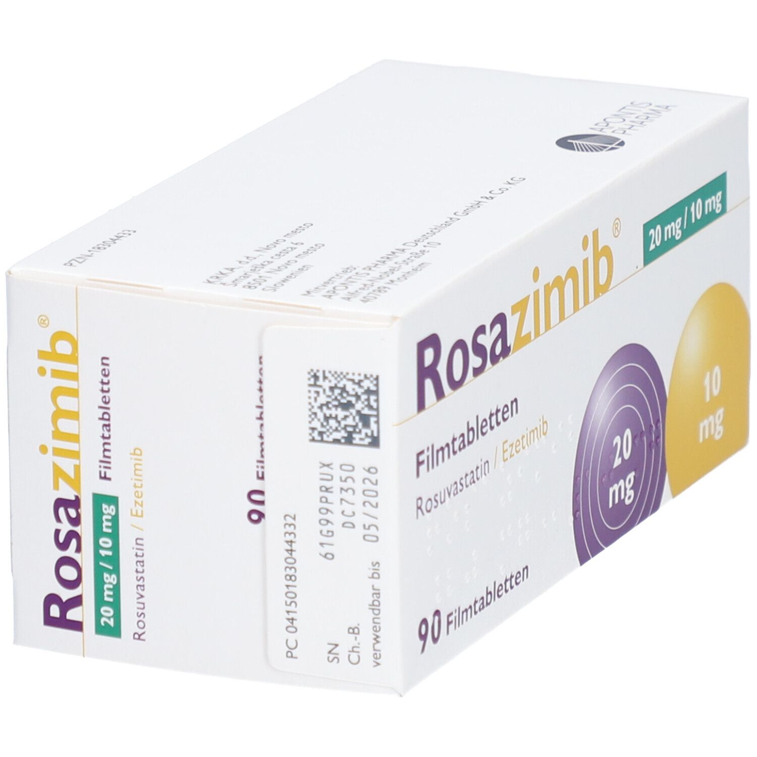 Schachtel ROSAZIMIB Filmtabletten. Aufdruck: 20 mg/10 mg, 90 Filmtabletten. Lila und gelbe Kreise mit Dosierungsangaben. Seitenansicht.