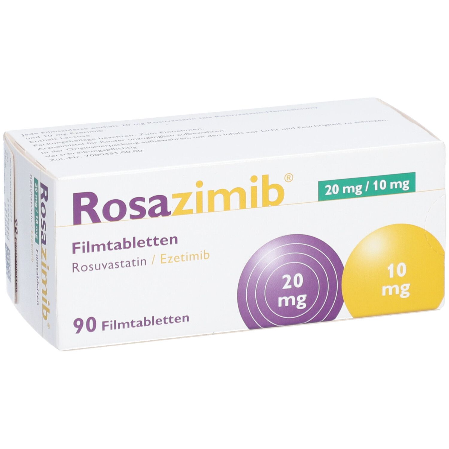 Schachtel ROSAZIMIB Filmtabletten. Aufdruck: 20 mg/10 mg, 90 Filmtabletten. Lila und gelbe Kreise mit Dosierungsangaben.