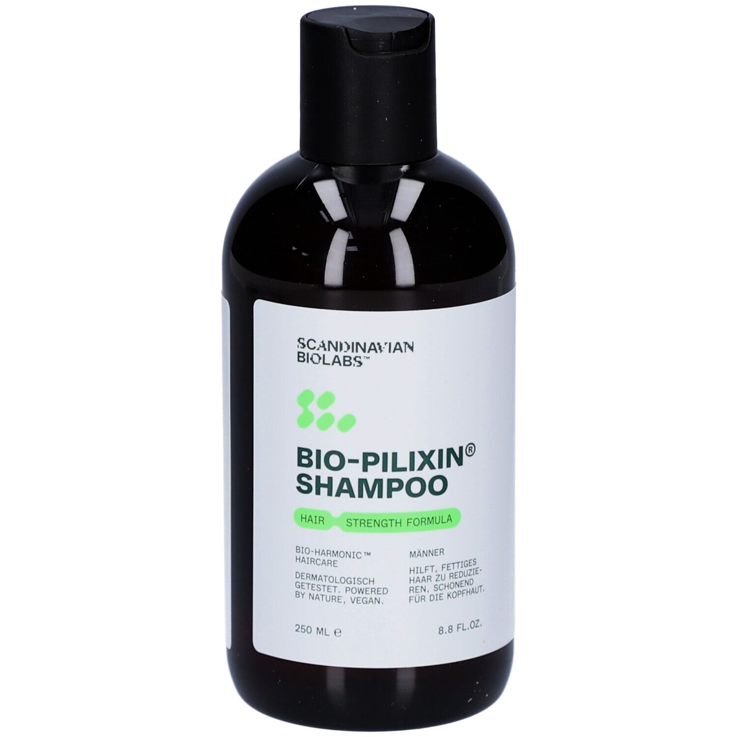 Braune Shampoo-Flasche. Aufschrift: Scandinavian Biolabs, Bio-Pilixin Shampoo für Männer.