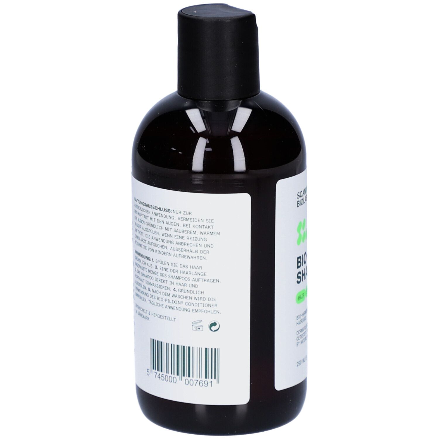 Rückseite der Shampoo-Flasche. Text und Barcode.