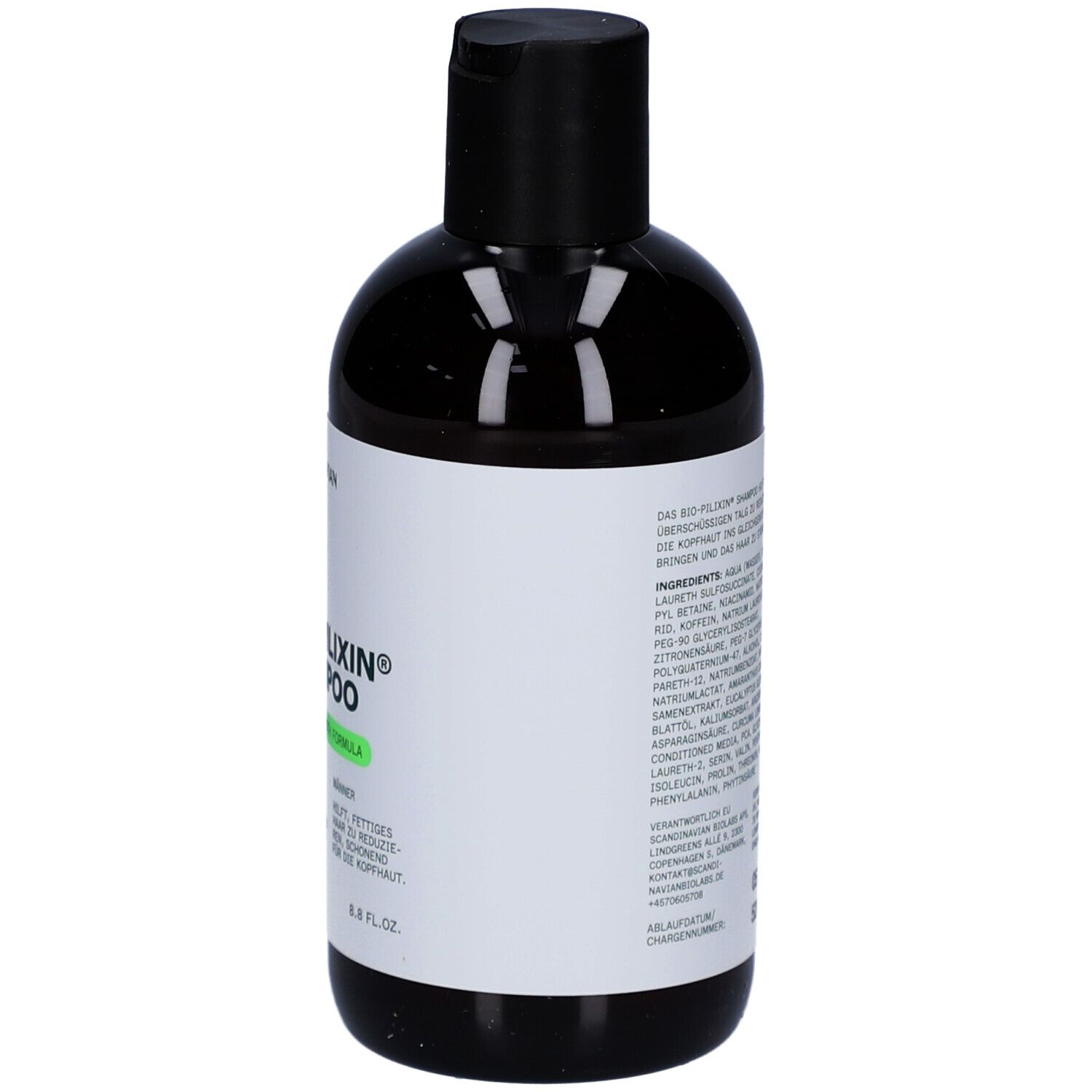 Rückseite der Shampoo-Flasche. Text und Barcode.