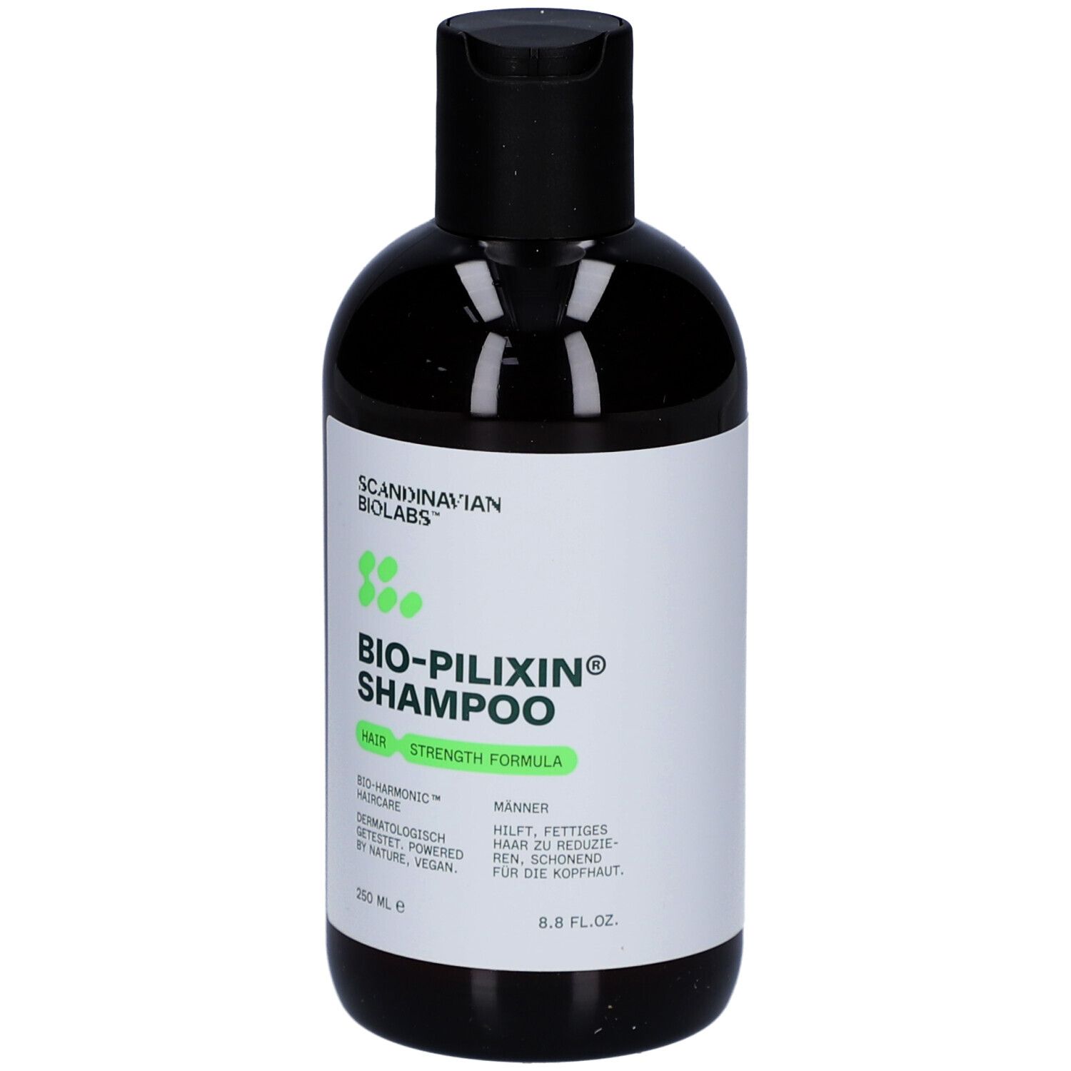 Braune Shampoo-Flasche. Aufschrift: Scandinavian Biolabs, Bio-Pilixin Shampoo für Männer.
