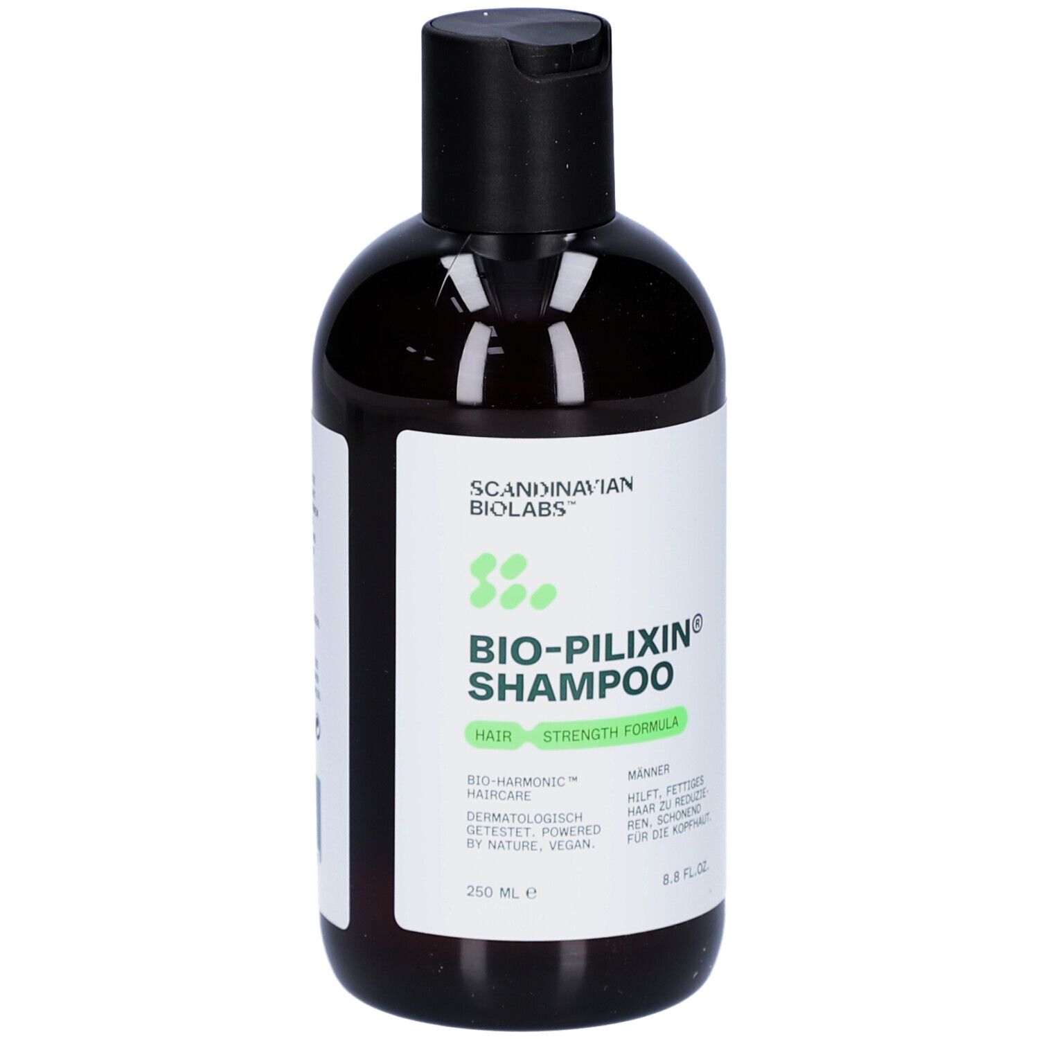 Braune Shampoo-Flasche. Aufschrift: Scandinavian Biolabs, Bio-Pilixin Shampoo für Männer.
