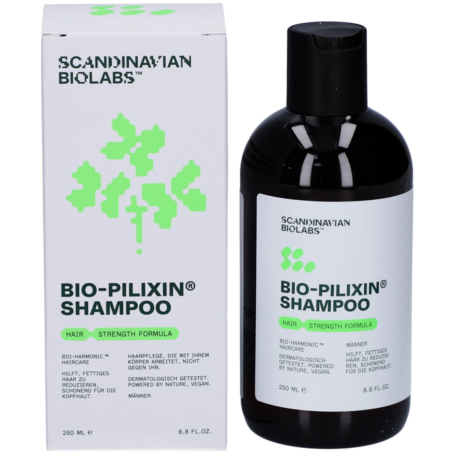 Braune Shampoo-Flasche und Verpackung. Aufschrift: Scandinavian Biolabs, Bio-Pilixin Shampoo für Männer.