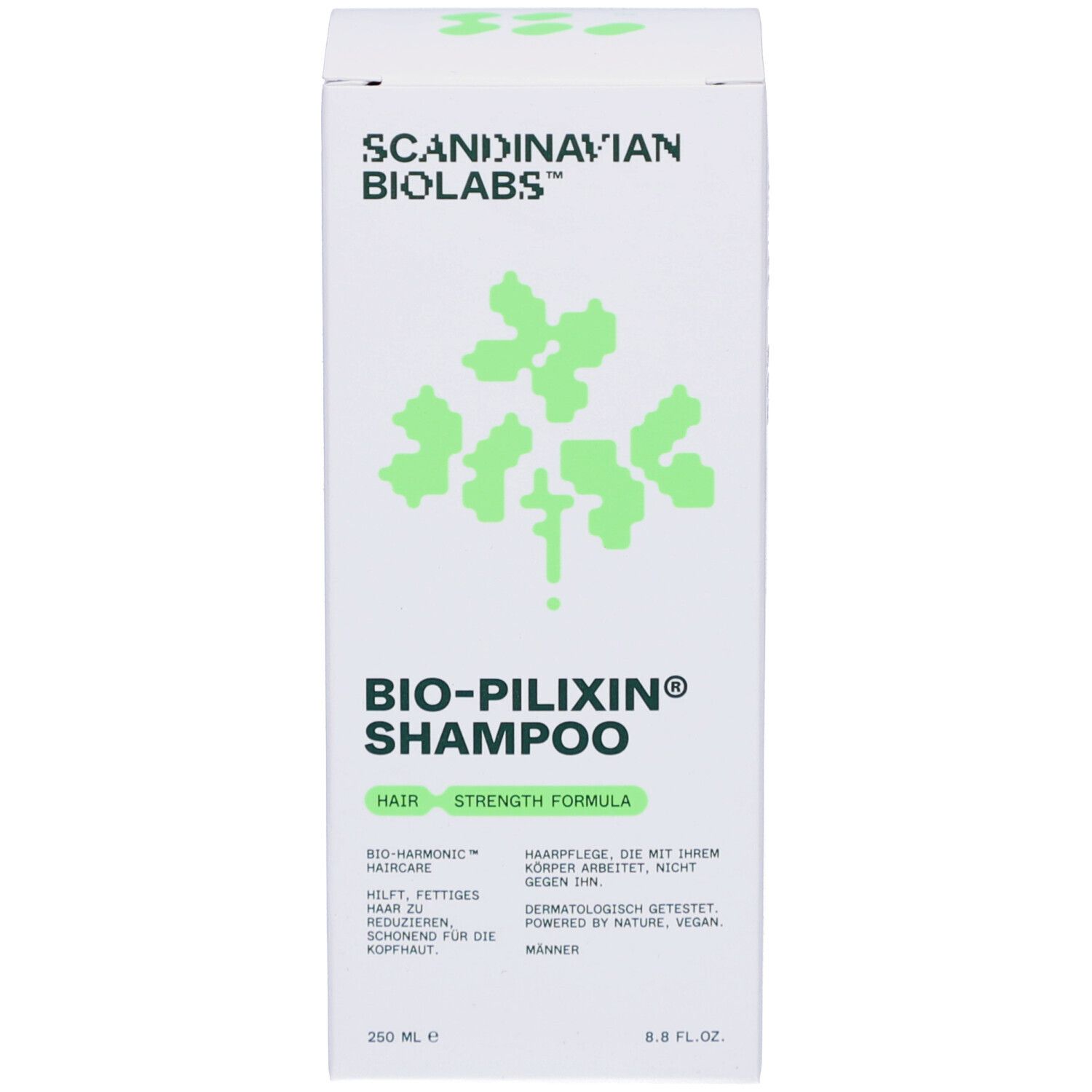 Verpackung. Aufschrift: Scandinavian Biolabs, Bio-Pilixin Shampoo für Männer.