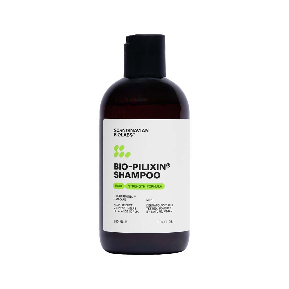 Braune Shampoo-Flasche. Aufschrift: Scandinavian Biolabs, Bio-Pilixin Shampoo für Männer.