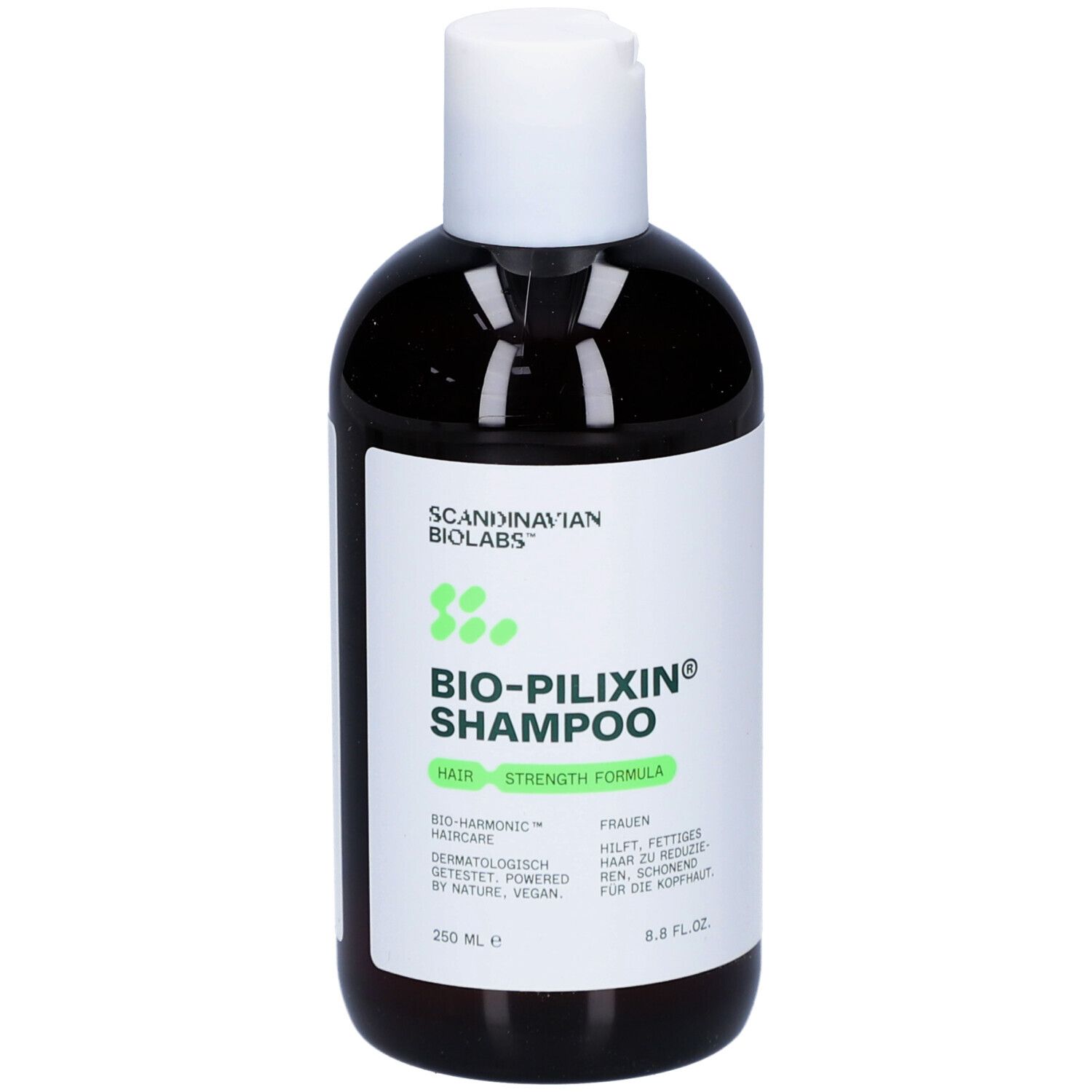 Braune Shampoo-Flasche. Aufschrift: Scandinavian Biolabs, Bio-Pilixin Shampoo. 250 ml.