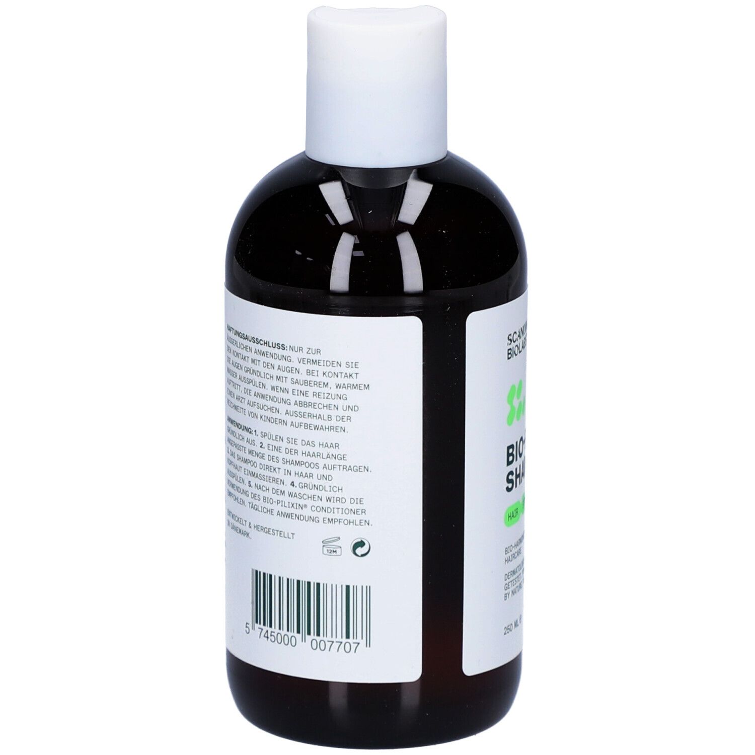 Rückseite einer Shampoo-Flasche. Text und Barcode. Aufschrift: Bio-Pilixin Shampoo.
