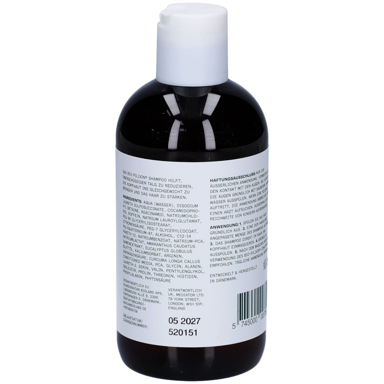Rückseite einer Shampoo-Flasche. Text und Inhaltsstoffe. Aufschrift: Bio-Pilixin Shampoo.