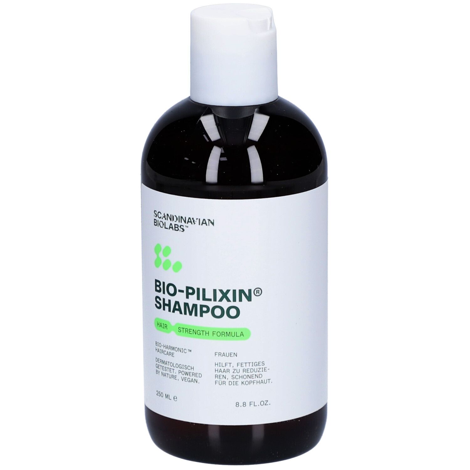 Braune Shampoo-Flasche. Aufschrift: Scandinavian Biolabs, Bio-Pilixin Shampoo. 250 ml.
