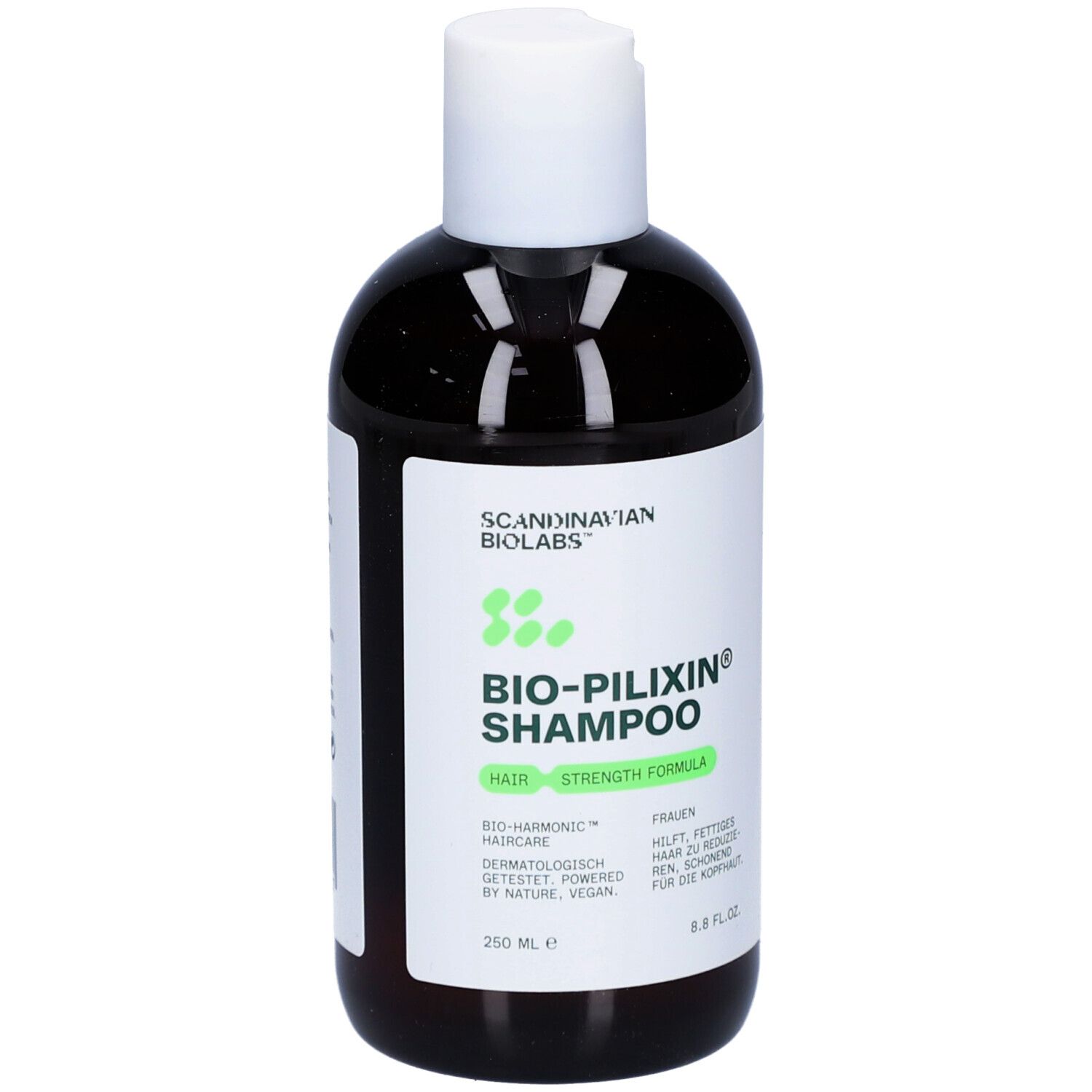 Braune Shampoo-Flasche. Aufschrift: Scandinavian Biolabs, Bio-Pilixin Shampoo. 250 ml.