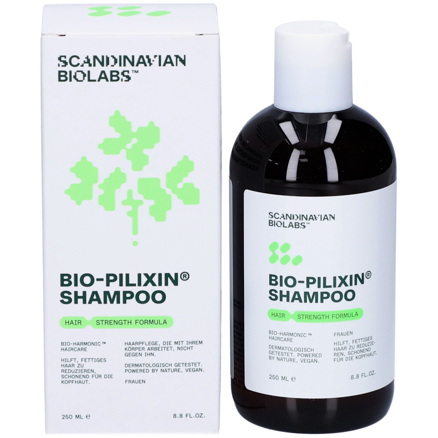 Braune Shampoo-Flasche und Verpackung. Aufschrift: Scandinavian Biolabs, Bio-Pilixin Shampoo. 250 ml.