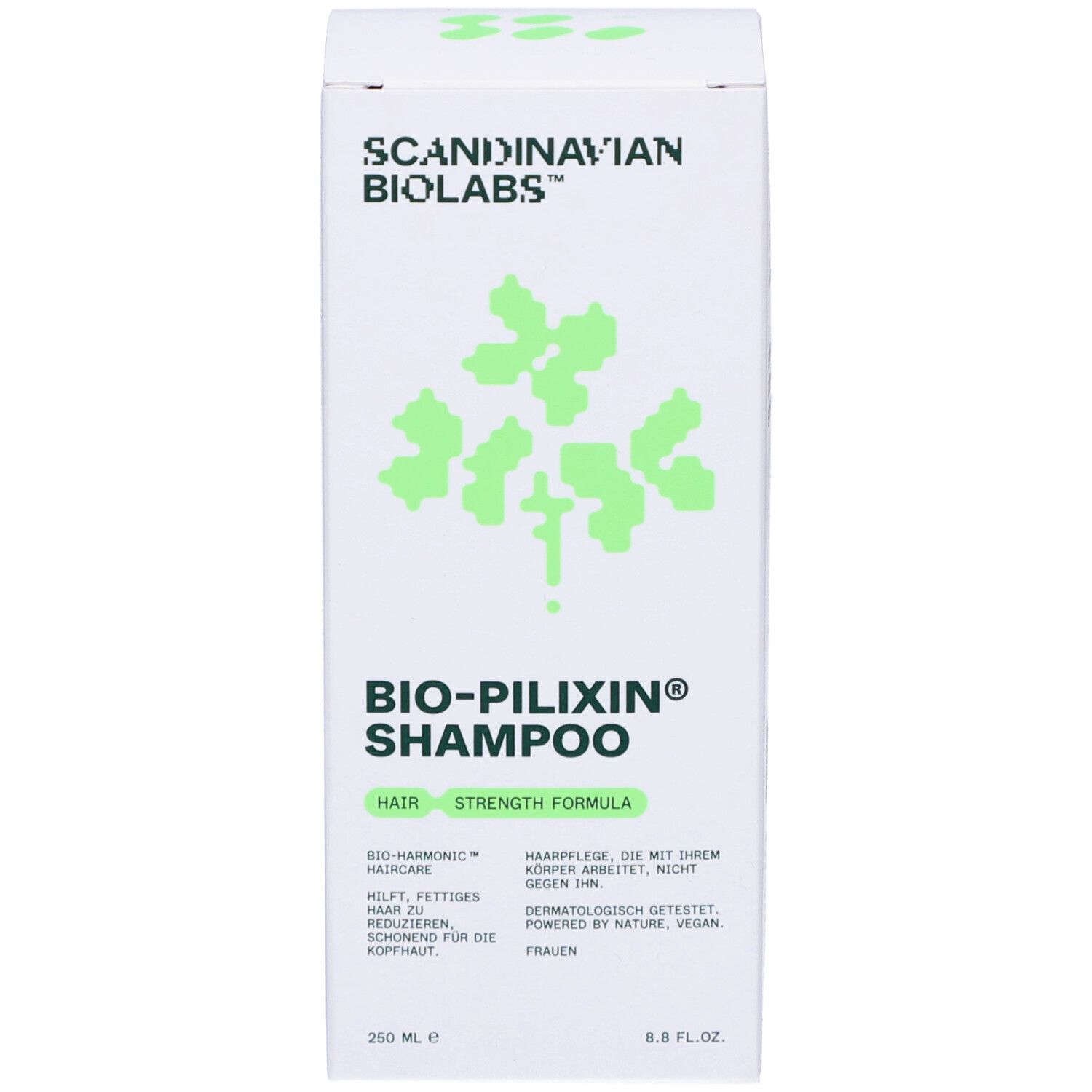 Verpackung von Shampoo. Aufschrift: Scandinavian Biolabs, Bio-Pilixin Shampoo. 250 ml.