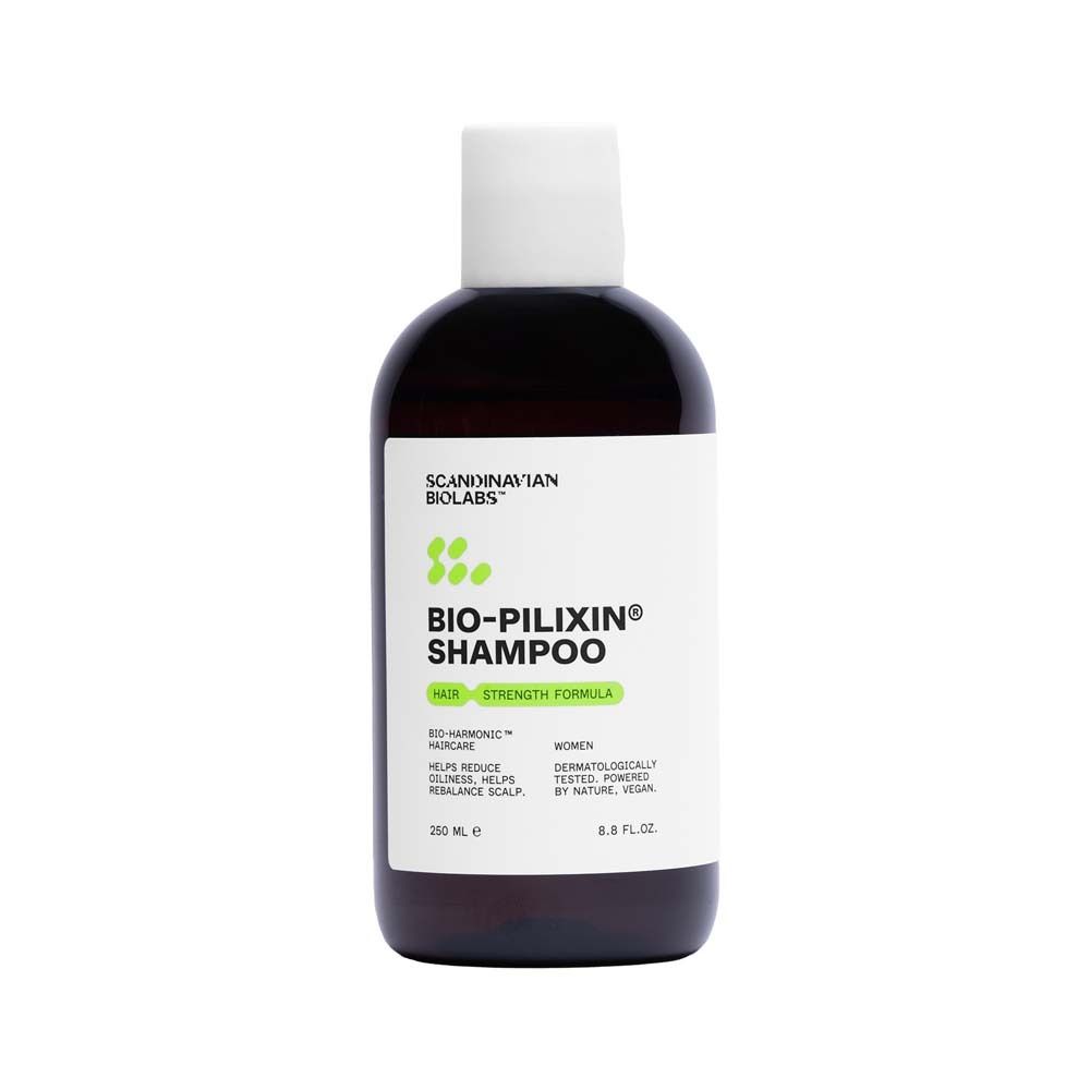 Braune Shampoo-Flasche. Aufschrift: Scandinavian Biolabs, Bio-Pilixin Shampoo. 250 ml.
