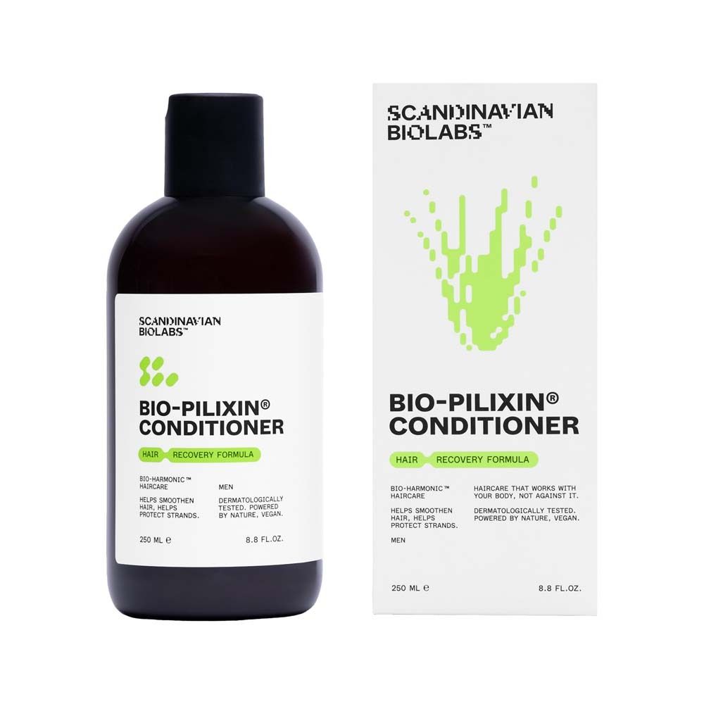 Braune Flasche und Verpackung mit Aufschrift BIO-PILIXIN Conditioner. Marke: Scandinavian Biolabs. 250 ml.