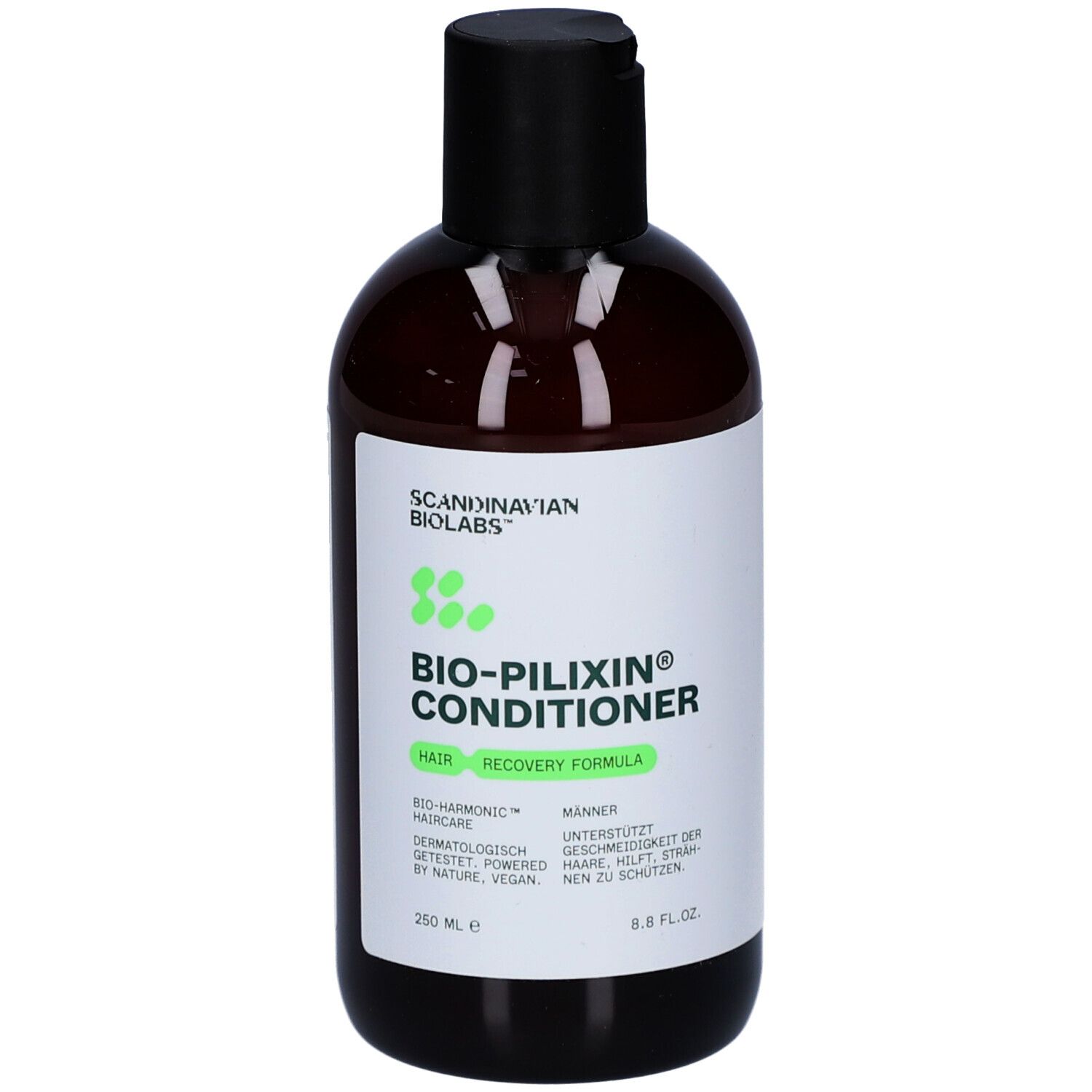 Braune Flasche mit schwarzem Deckel. Aufschrift BIO-PILIXIN Conditioner. Marke: Scandinavian Biolabs. 250 ml.