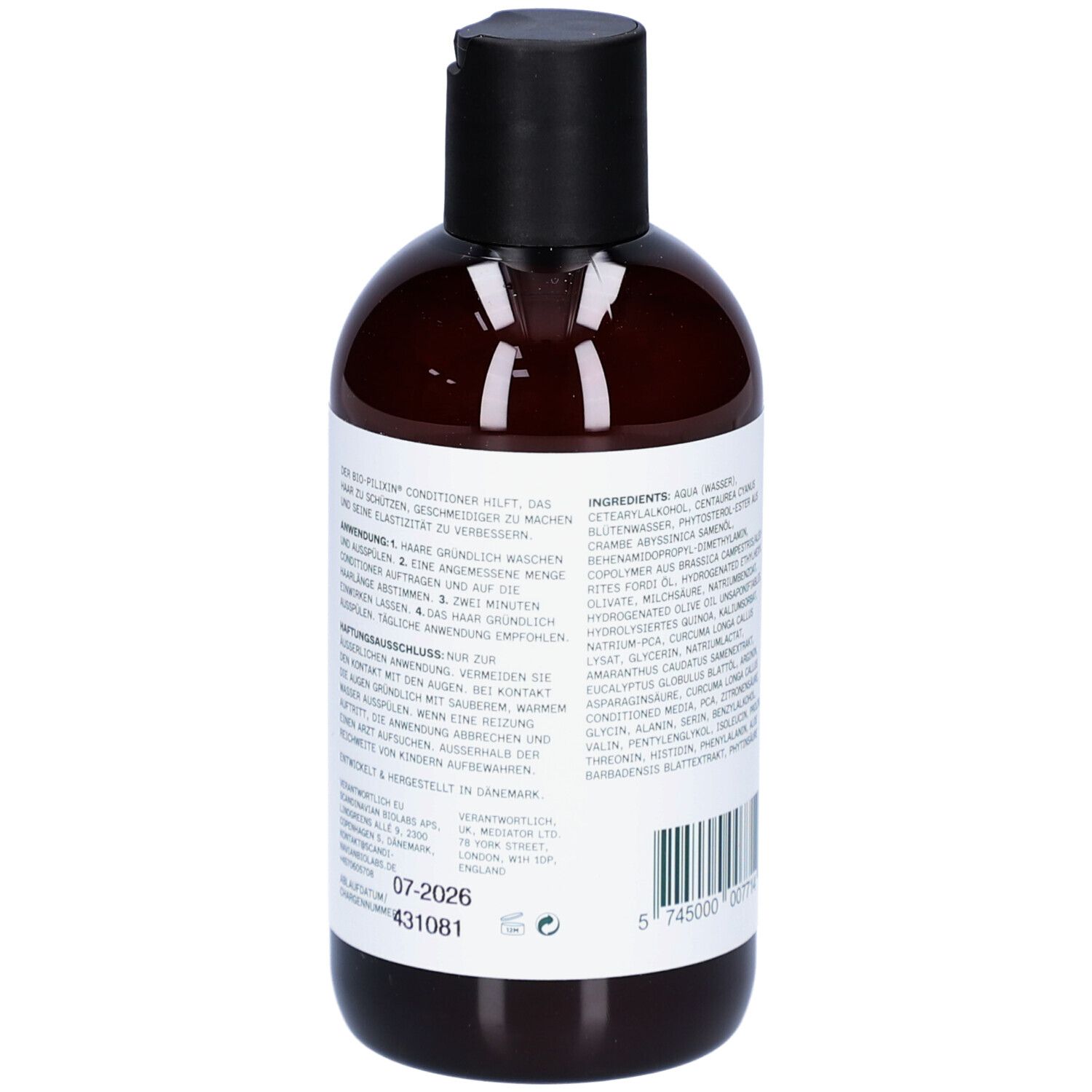 Rückseite der braunen Flasche. Aufschrift BIO-PILIXIN Conditioner. Marke: Scandinavian Biolabs. Inhaltsstoffe und Anwendung.