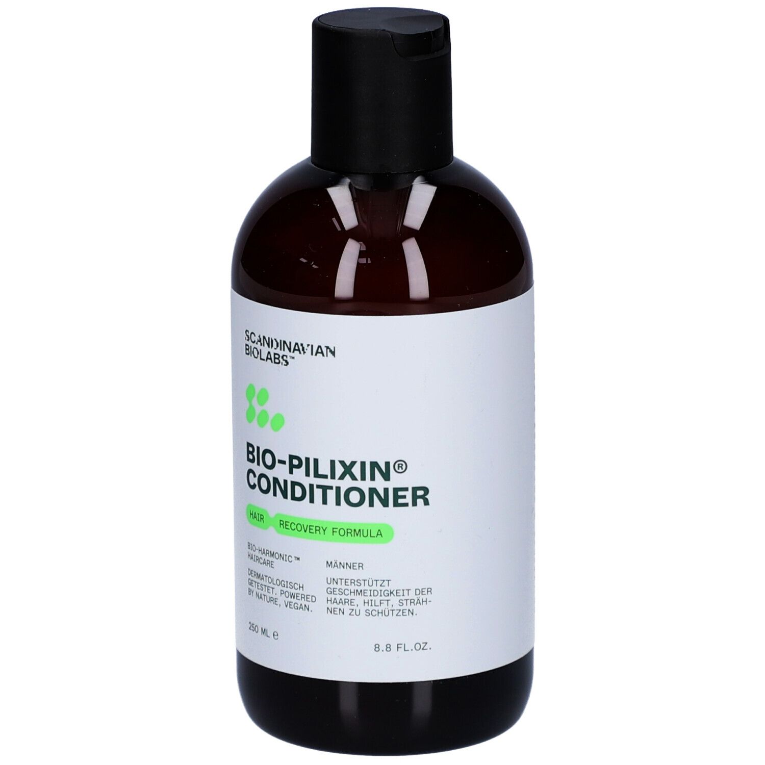 Braune Flasche mit schwarzem Deckel. Aufschrift BIO-PILIXIN Conditioner. Marke: Scandinavian Biolabs. 250 ml.