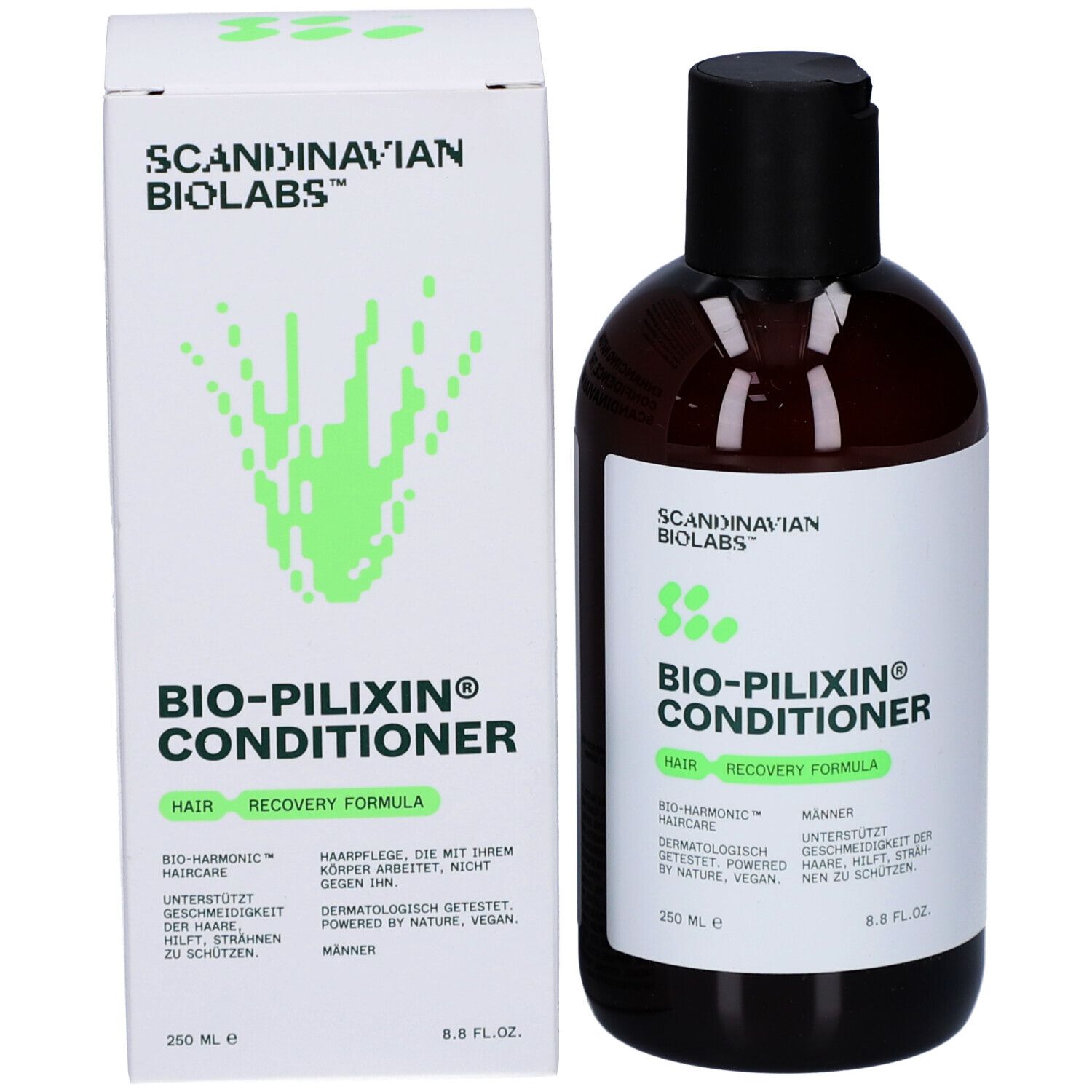 Braune Flasche und Verpackung mit Aufschrift BIO-PILIXIN Conditioner. Marke: Scandinavian Biolabs. 250 ml.