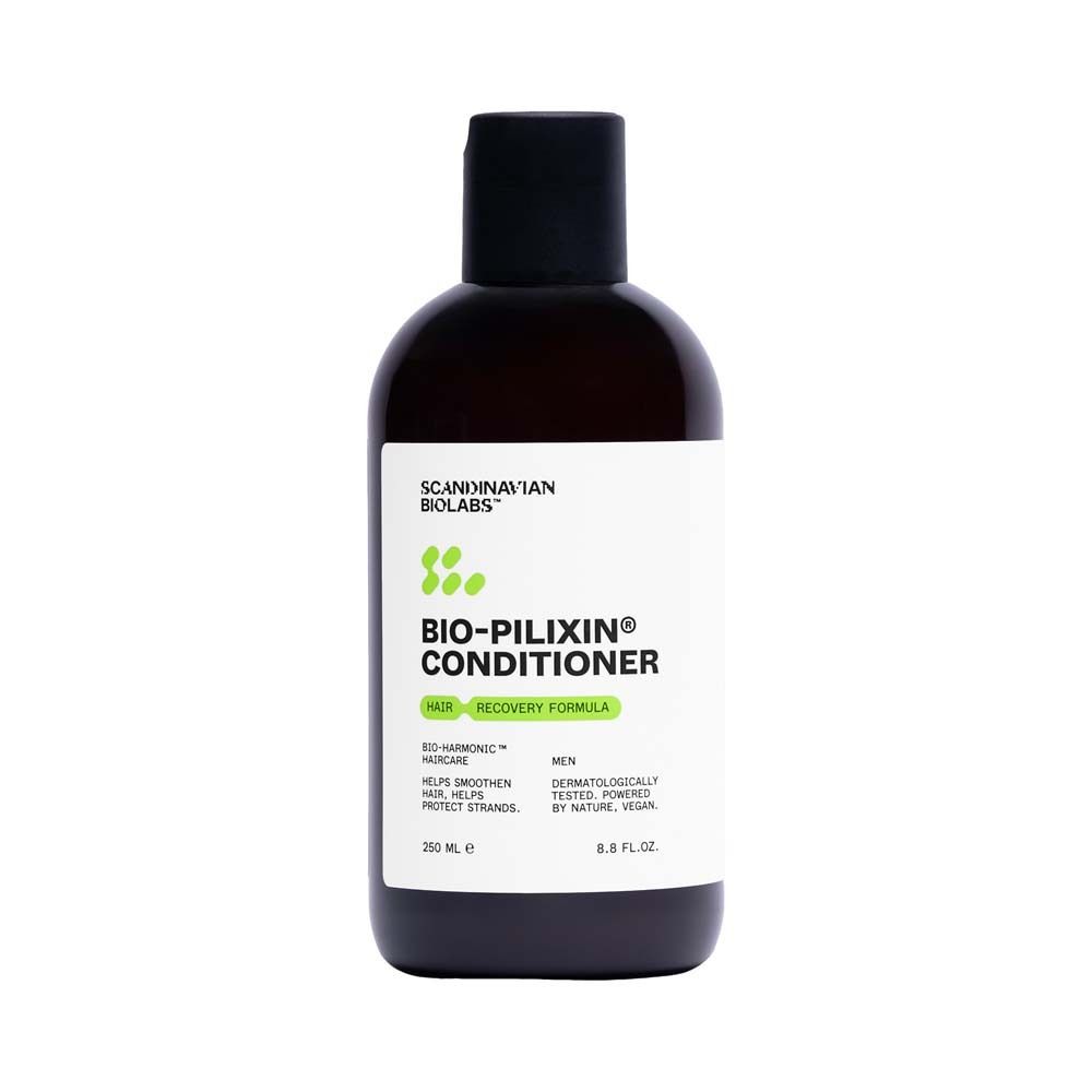 Braune Flasche mit schwarzem Deckel. Aufschrift BIO-PILIXIN Conditioner. Marke: Scandinavian Biolabs. 250 ml.