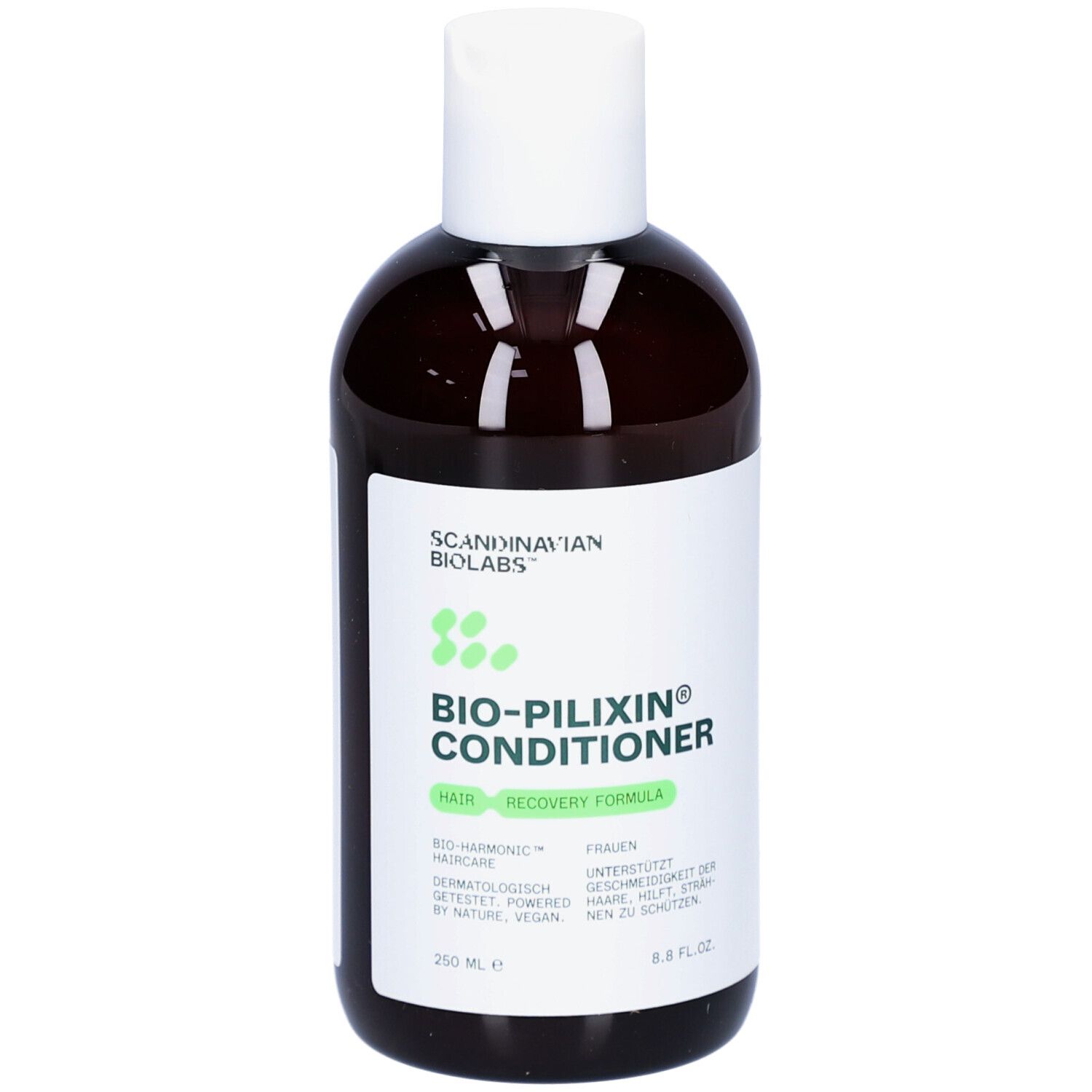 Dunkle Flasche mit weißem Deckel. Aufschrift: Bio-Pilixin Conditioner. 250 ml. Rückseite mit Inhaltsstoffen und Anwendung.