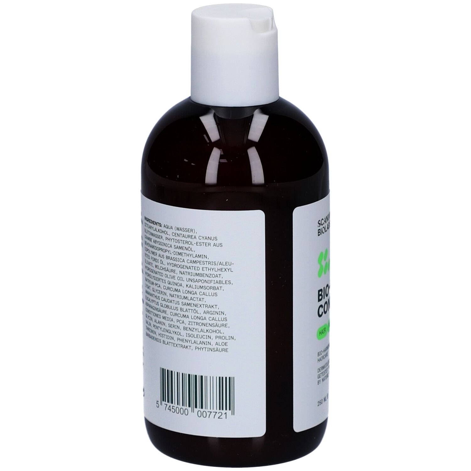 Rückseite der Flasche. Inhaltsstoffe und Anwendungshinweise. Text in mehreren Sprachen. 250 ml.