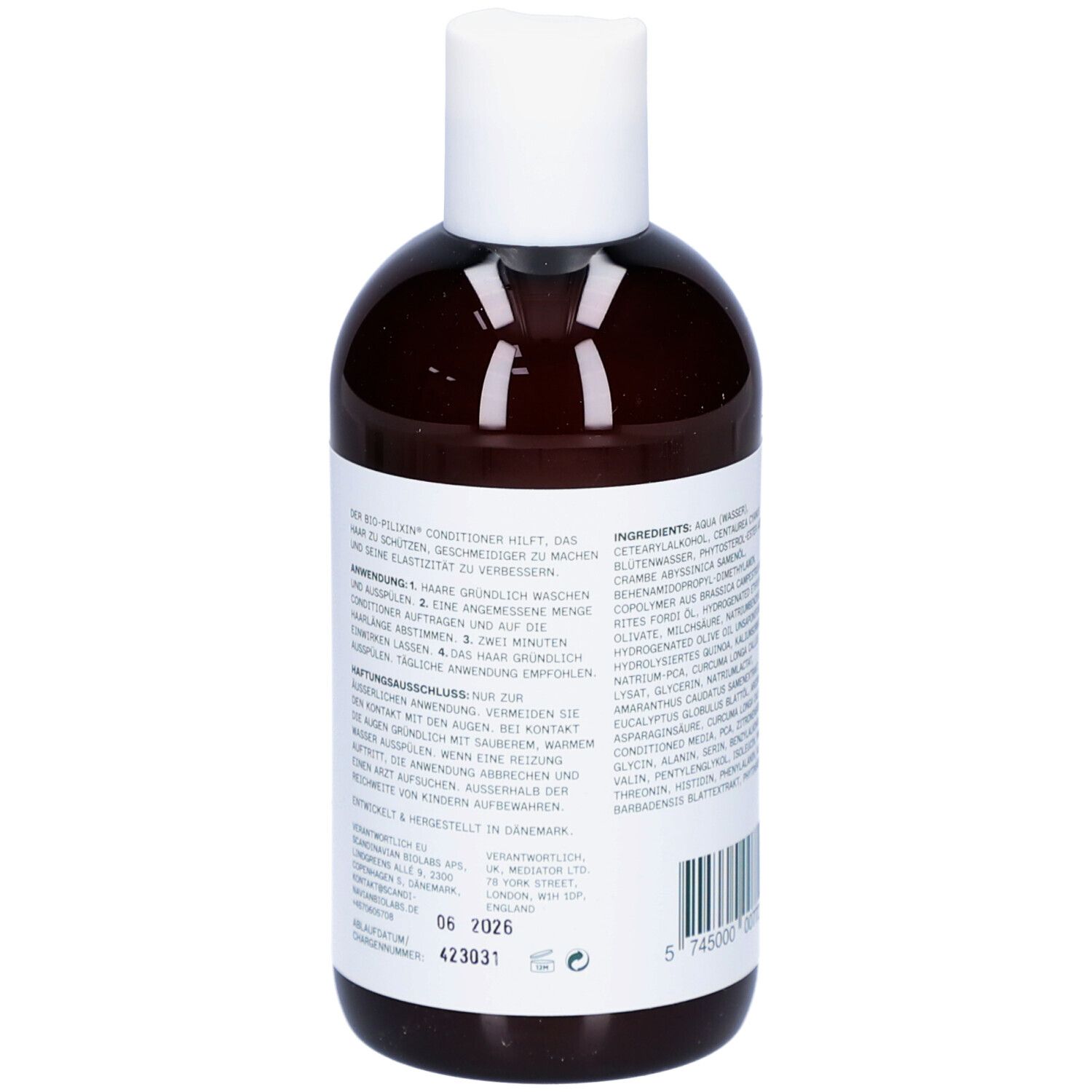 Rückseite der Flasche. Inhaltsstoffe und Anwendungshinweise. Text in mehreren Sprachen. 250 ml.