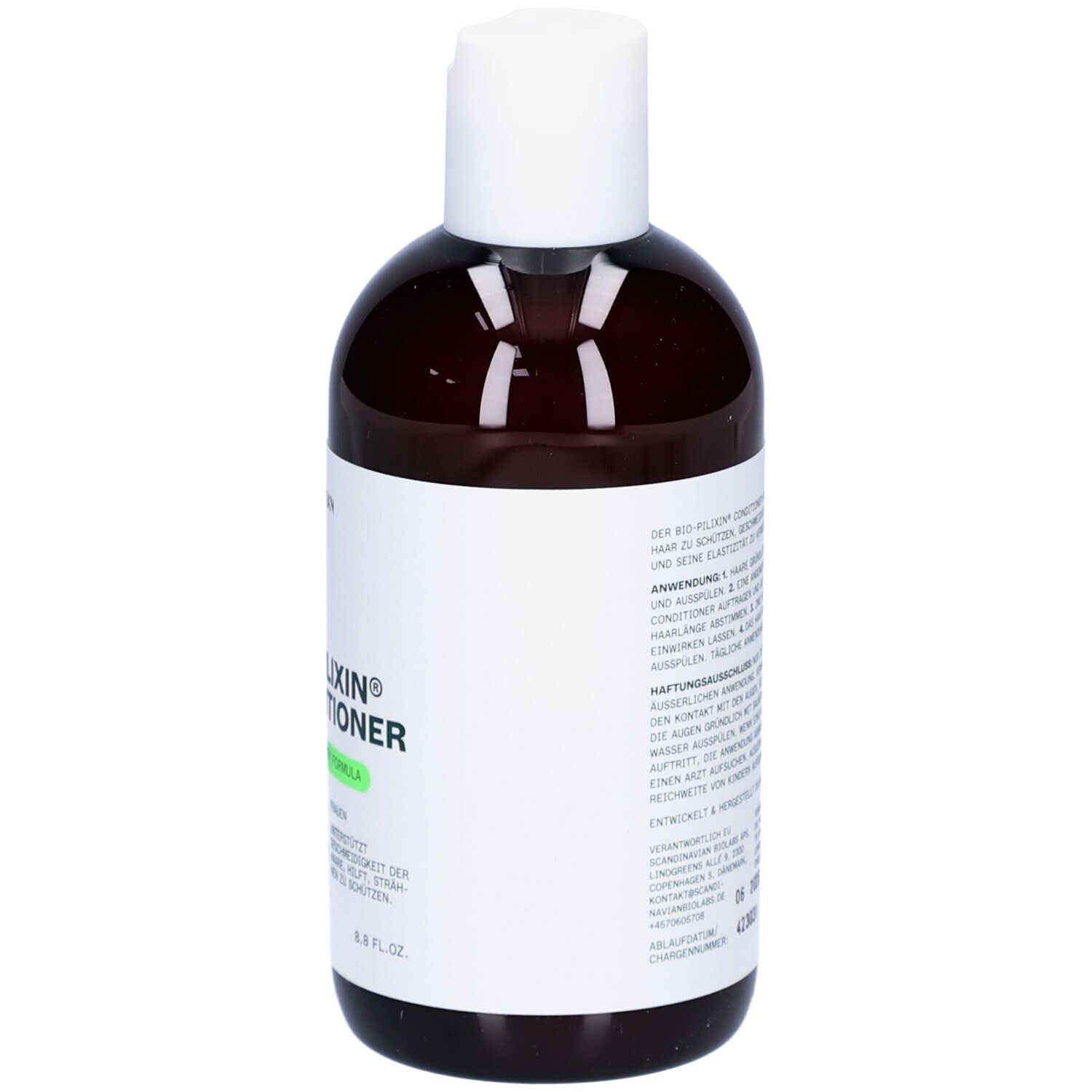 Rückseite der Flasche. Inhaltsstoffe und Anwendungshinweise. Text in mehreren Sprachen. 250 ml.