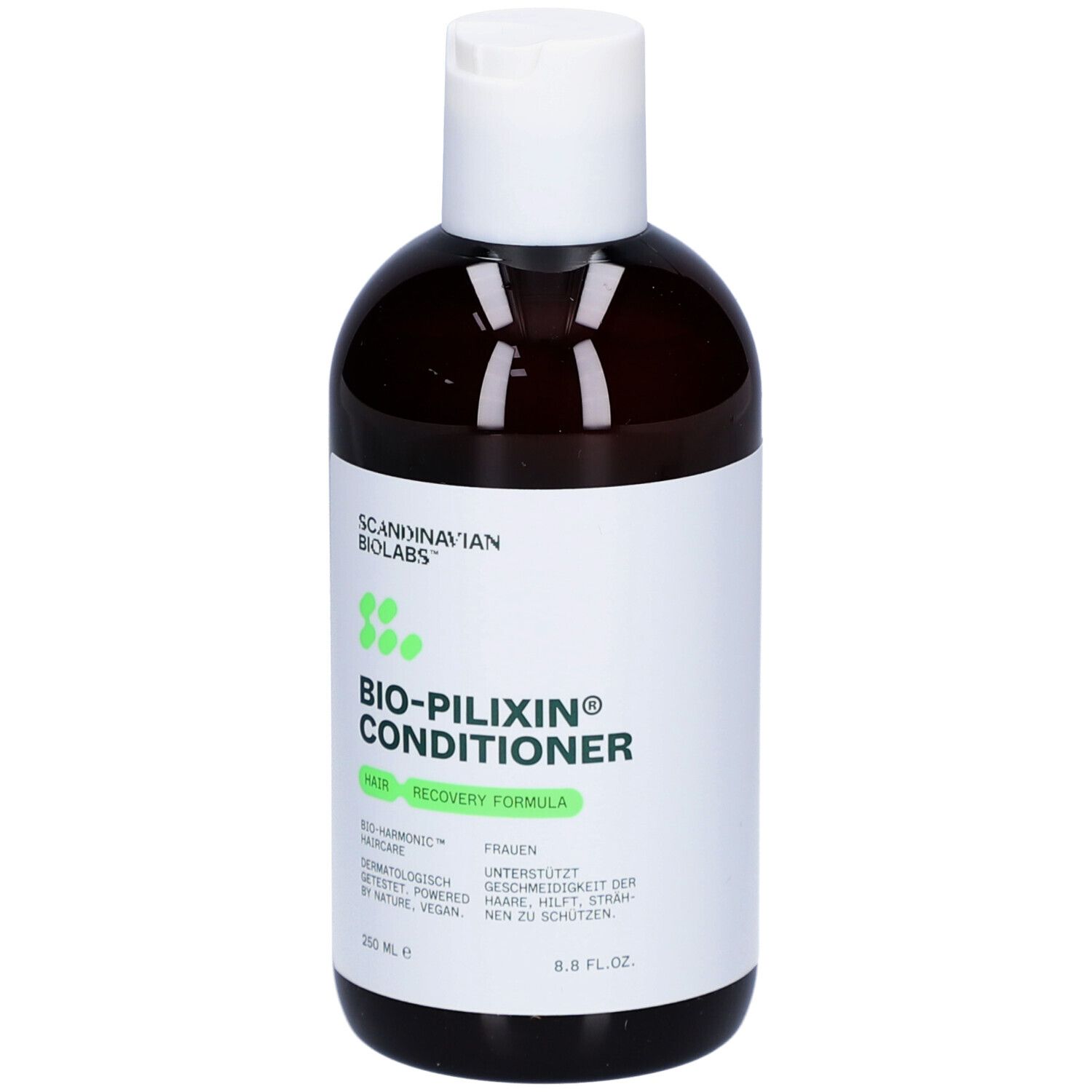 Dunkle Flasche mit weißem Deckel. Aufschrift: Bio-Pilixin Conditioner. 250 ml. Rückseite mit Inhaltsstoffen und Anwendung.
