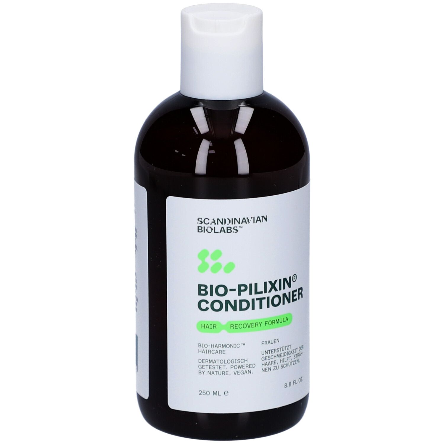 Dunkle Flasche mit weißem Deckel. Aufschrift: Bio-Pilixin Conditioner. 250 ml.