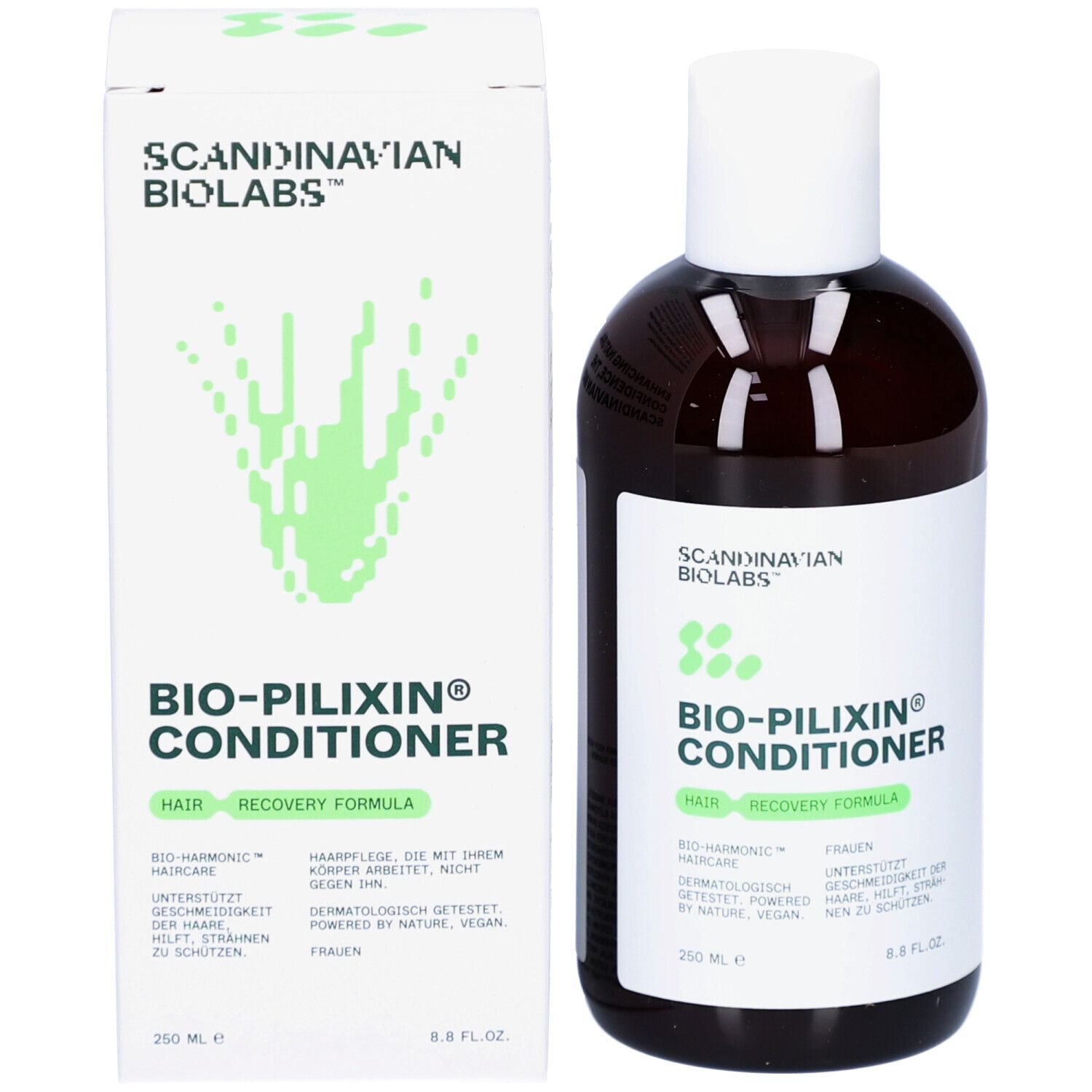 Dunkle Flasche mit weißem Deckel und Verpackung. Aufschrift: Bio-Pilixin Conditioner. Grün-weiße Grafik.