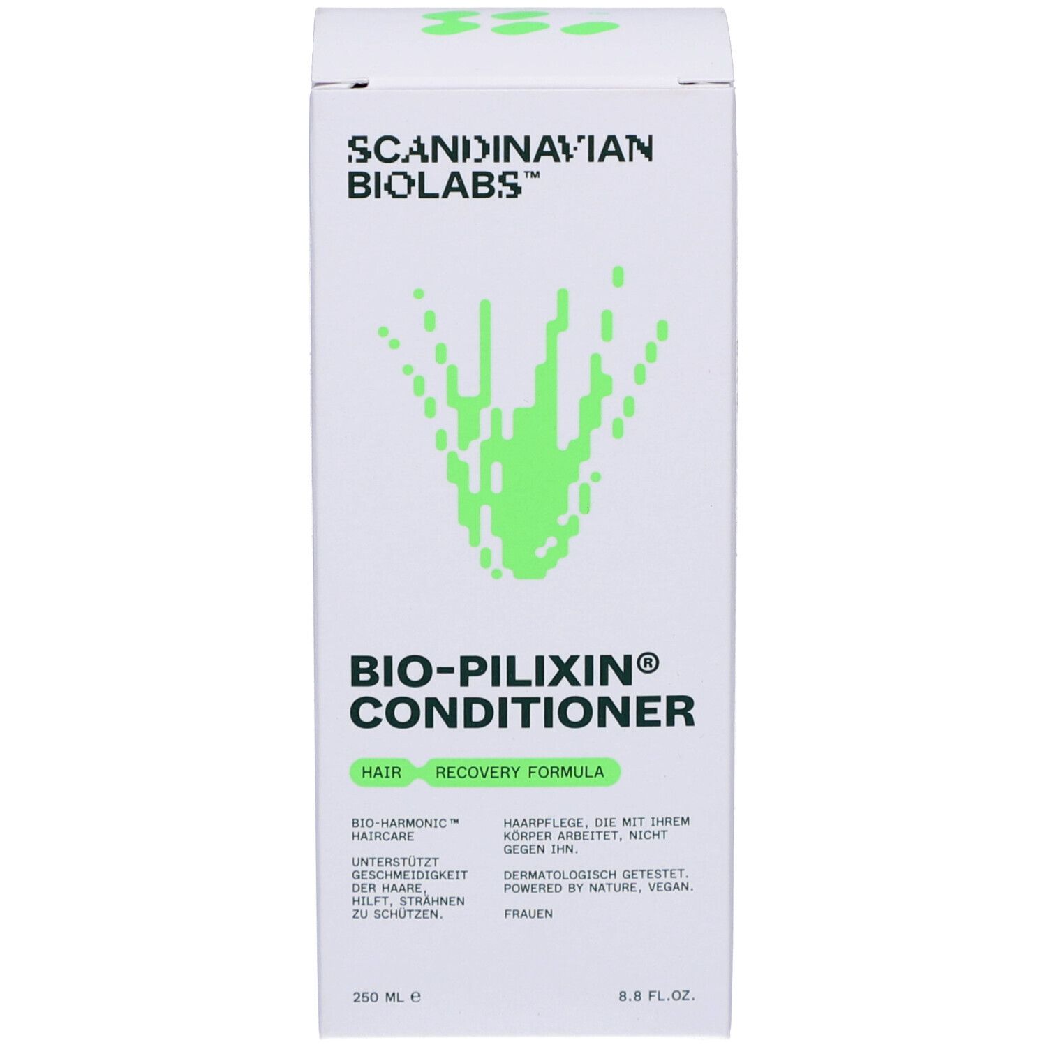 Verpackung. Aufschrift: Bio-Pilixin Conditioner. Grün-weiße Grafik. 250 ml.
